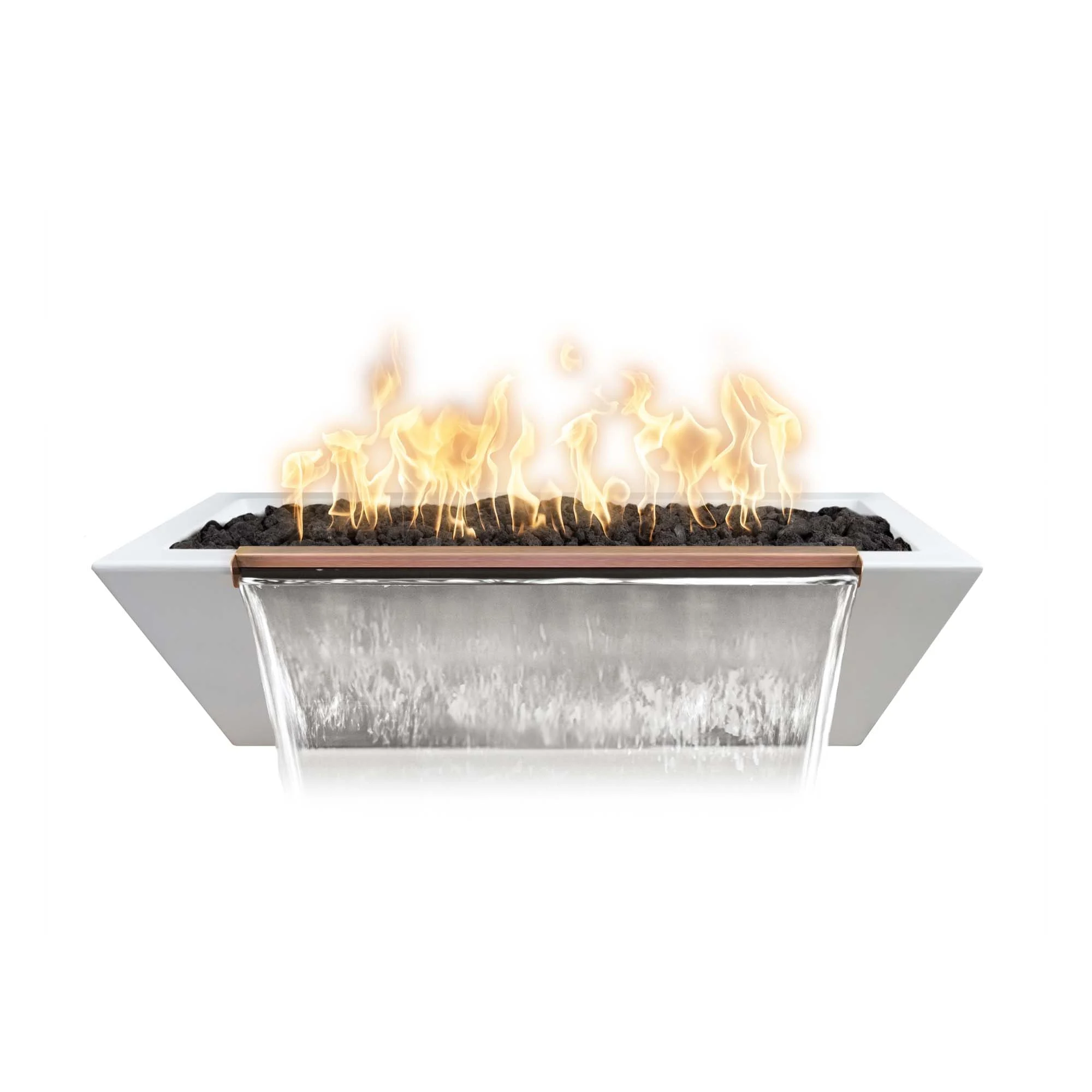 The Outdoor Plus Linear Maya 60" Metallic Silver GFRC Concrete Liquid Propane Fire & Water Bowl with Match Lit with Flame Sense Ignition