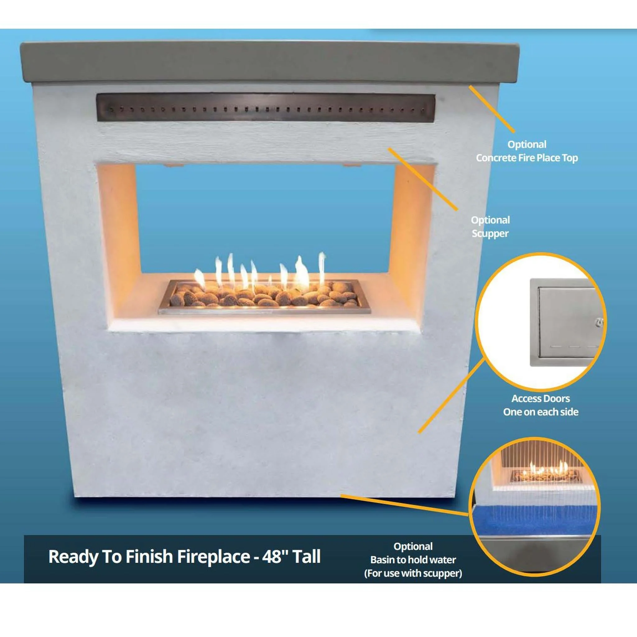The Outdoor Plus Rectangular 48" Hardieboard & Steel Frame Natural Gas Ready to Finish Fireplace with Match Lit Ignition