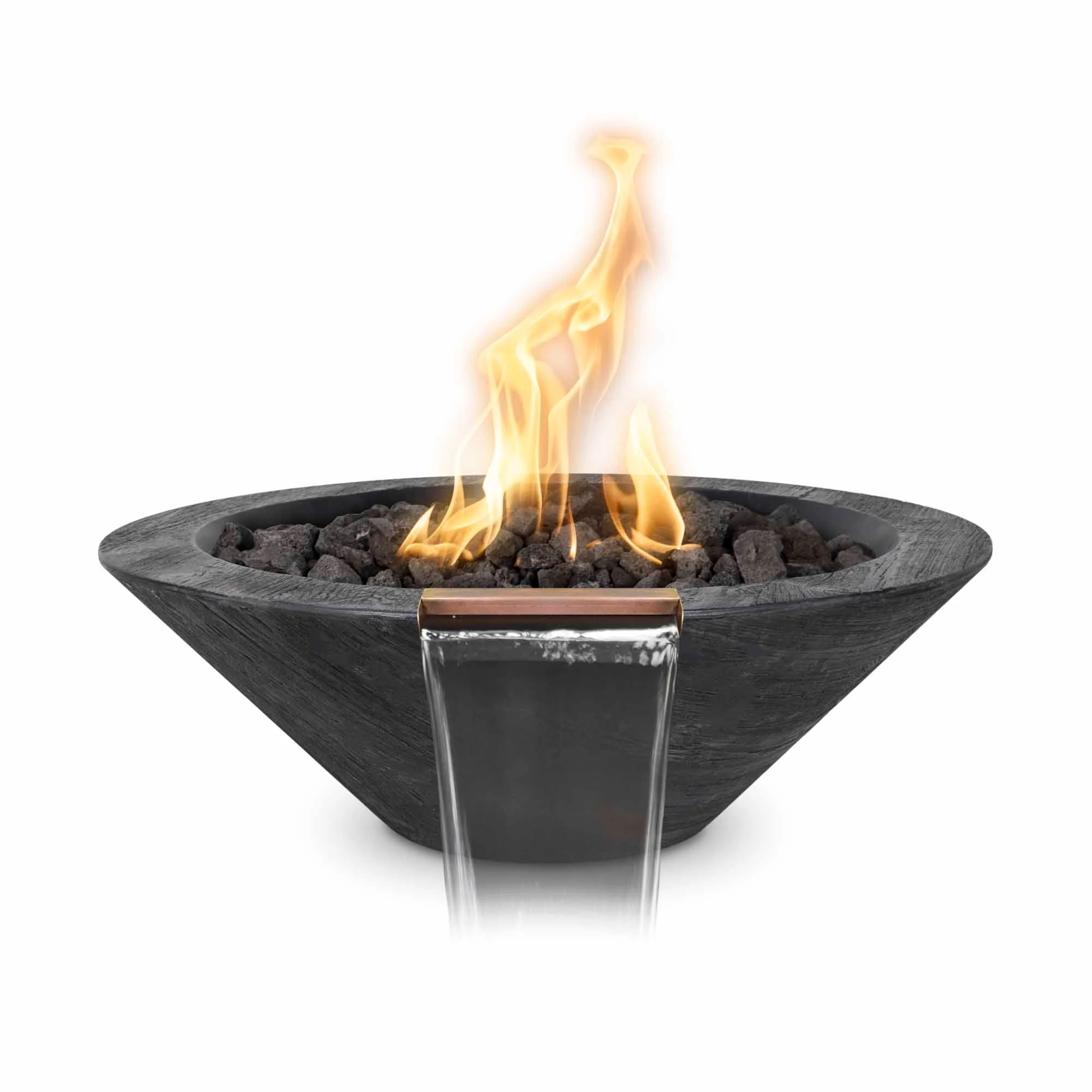 The Outdoor Plus Round Cazo 24" Oak Wood Grain Liquid Propane Fire & Water Bowl with Match Lit with Flame Sense Ignition