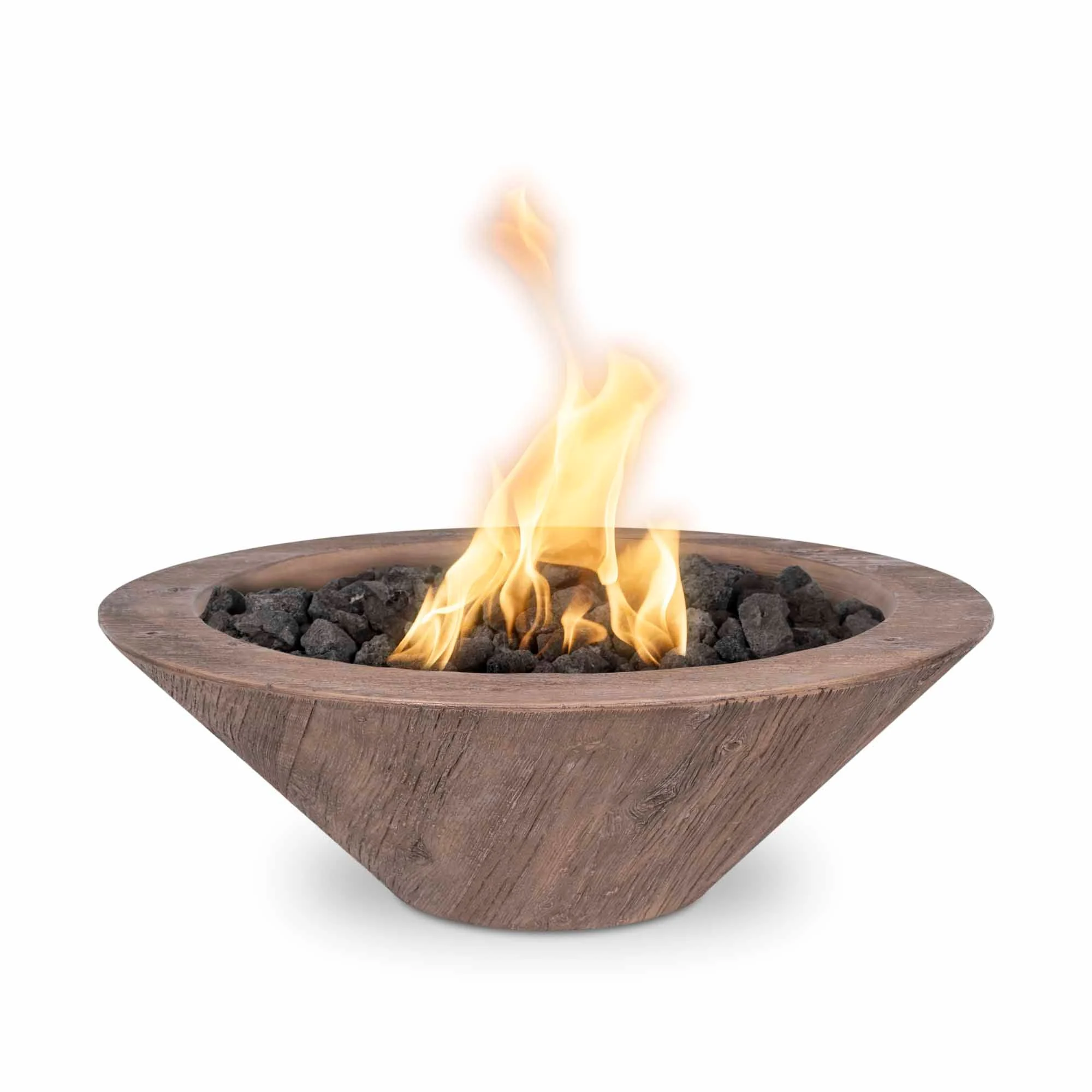The Outdoor Plus Round Cazo 32" Oak Wood Grain Liquid Propane Fire Bowl with Match Lit with Flame Sense Ignition