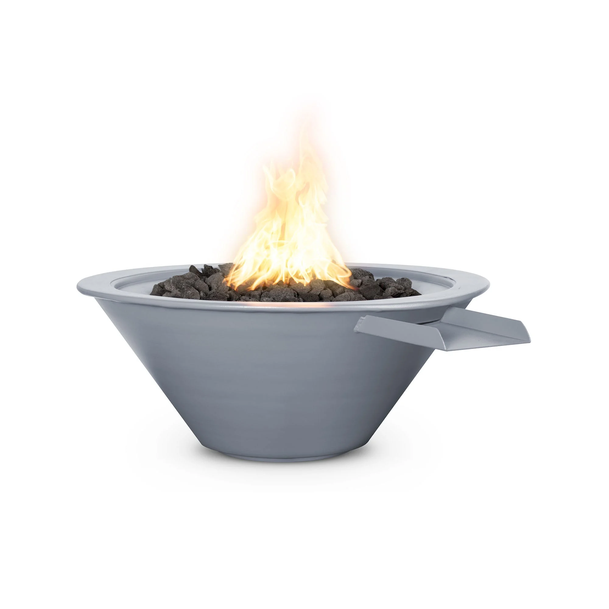 The Outdoor Plus Round Cazo 36" White Powder Coated Metal Liquid Propane Fire & Water Bowl with Match Lit with Flame Sense Ignition
