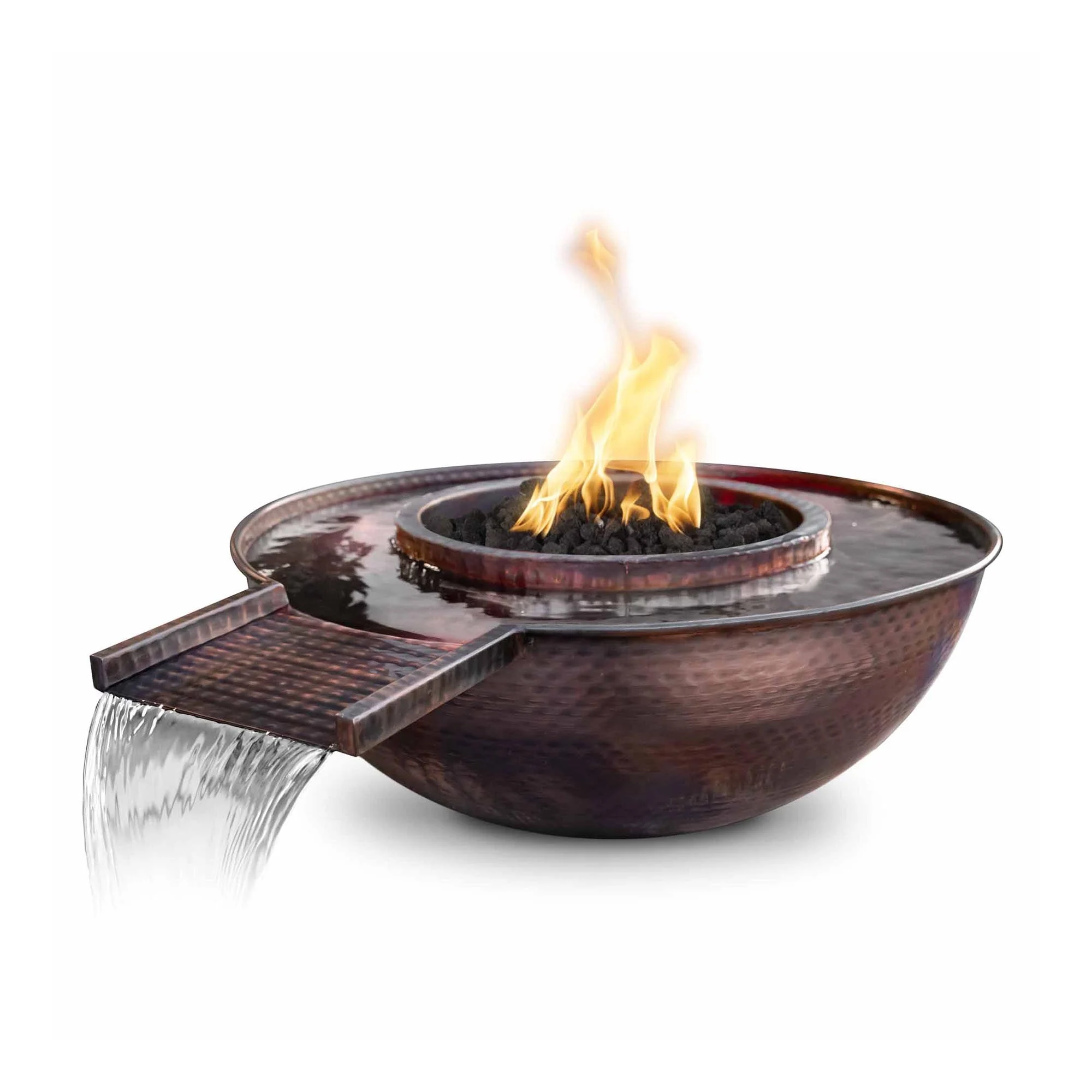 The Outdoor Plus Round Sedona 27" Copper Liquid Propane Fire & Water Bowl with Match Lit with Flame Sense Ignition