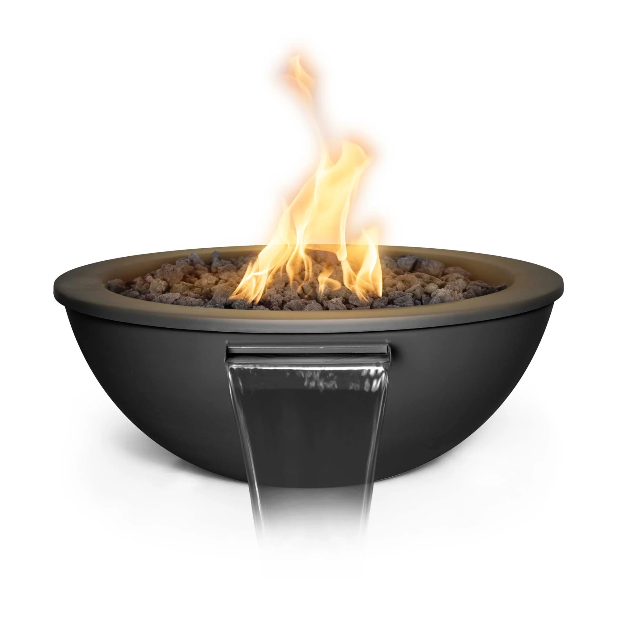 The Outdoor Plus Round Sedona 27" Gray Powder Coated Metal Natural Gas Fire & Water Bowl with Match Lit with Flame Sense Ignition