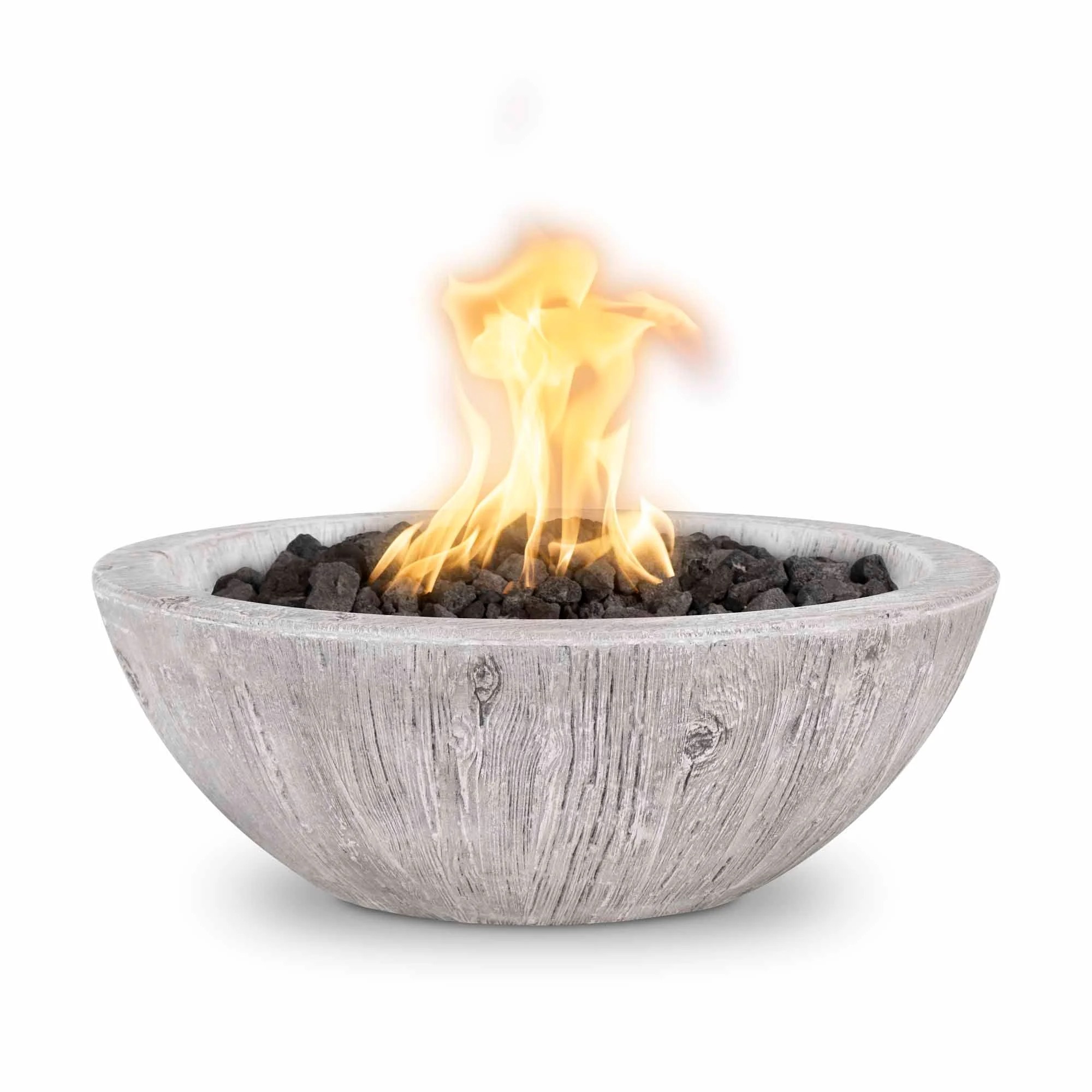 The Outdoor Plus Round Sedona 27" Ivory Wood Grain Liquid Propane Fire Bowl with Match Lit with Flame Sense Ignition
