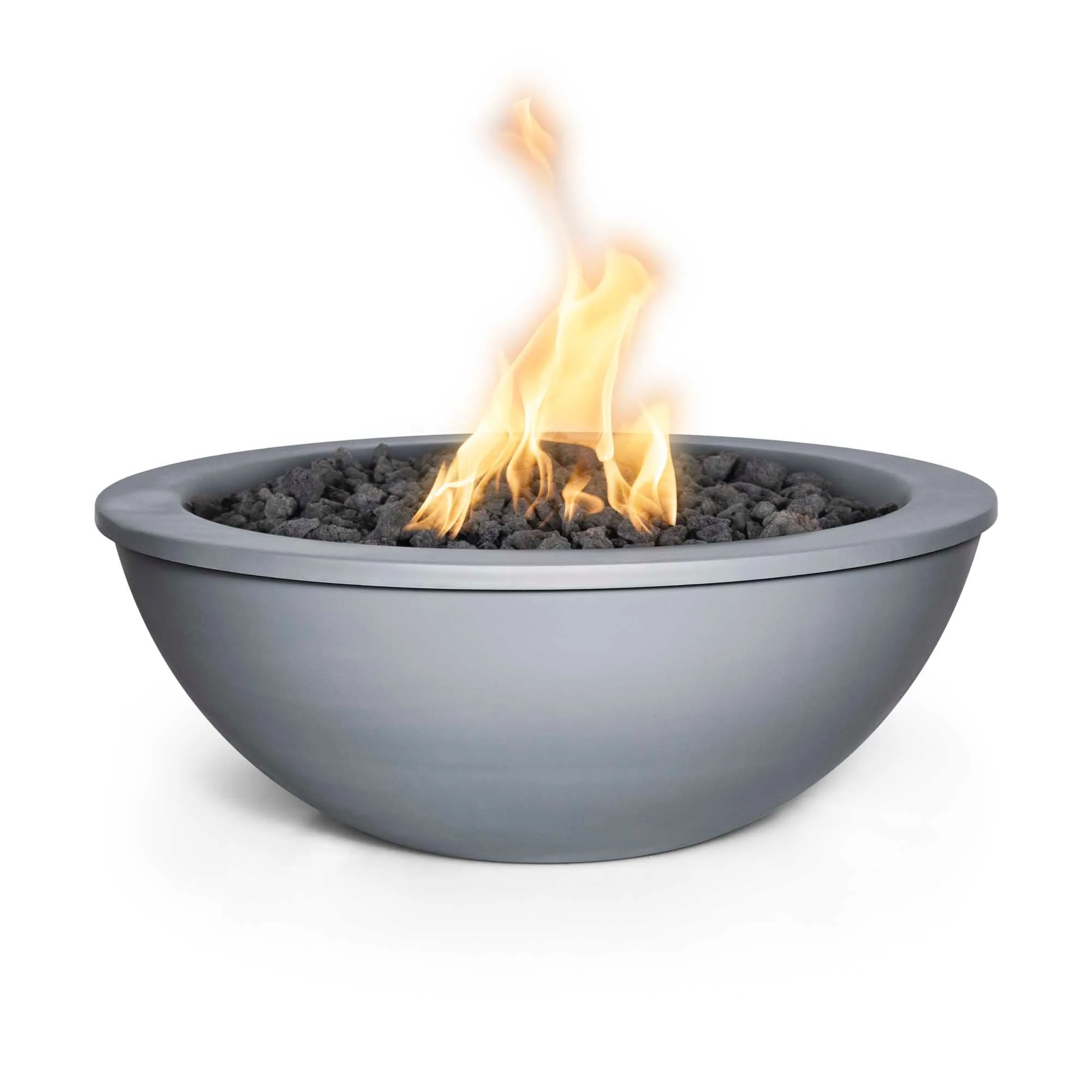 The Outdoor Plus Round Sedona 27" Pewter Powder Coated Metal Natural Gas Fire Bowl with Match Lit with Flame Sense Ignition
