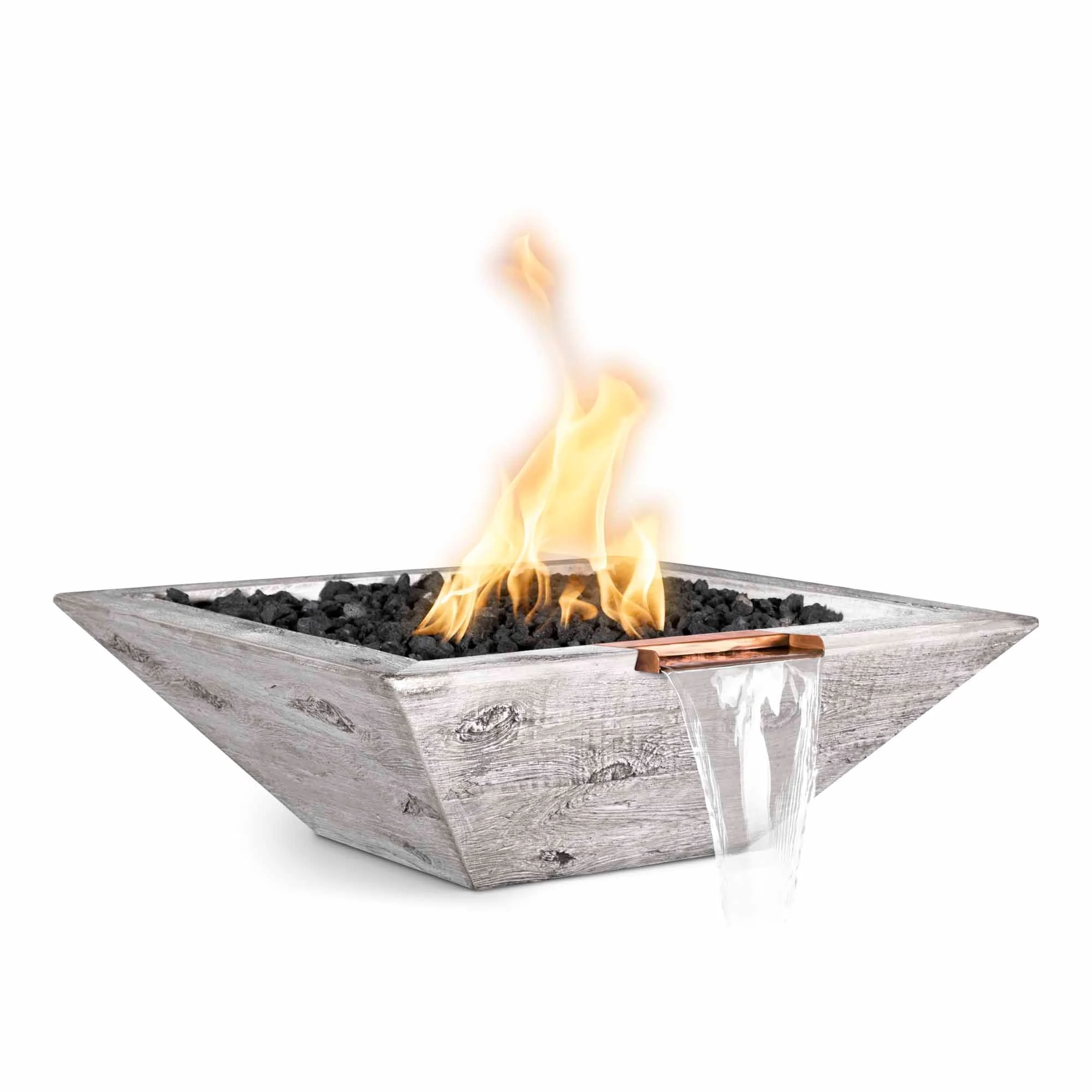 The Outdoor Plus Square Maya 24" Oak Wood Grain Liquid Propane Fire & Water Bowl with Match Lit with Flame Sense Ignition