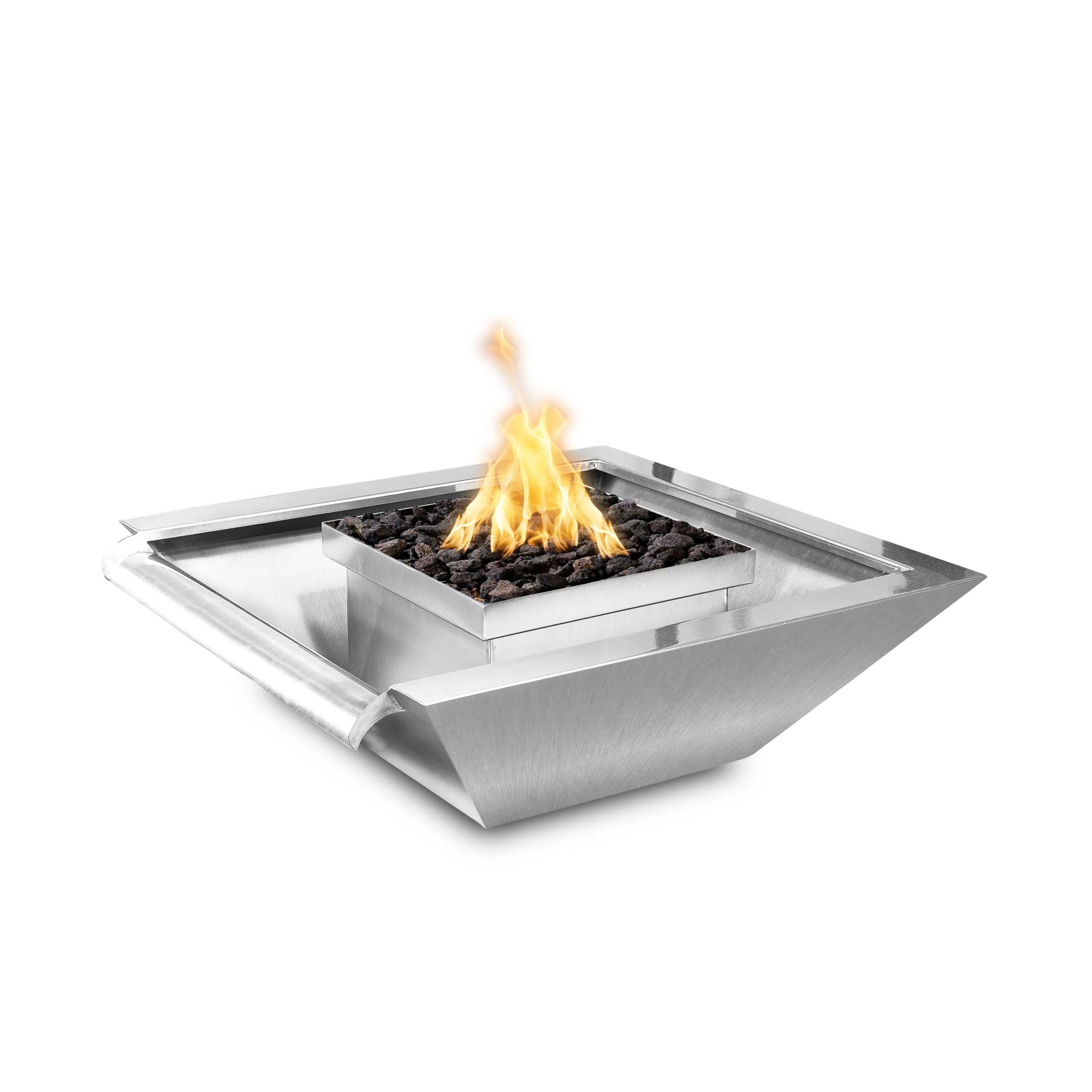 The Outdoor Plus Square Maya 30" Stainless Steel Natural Gas Fire & Water Bowl Wide Gravity Spill with Match Lit Ignition