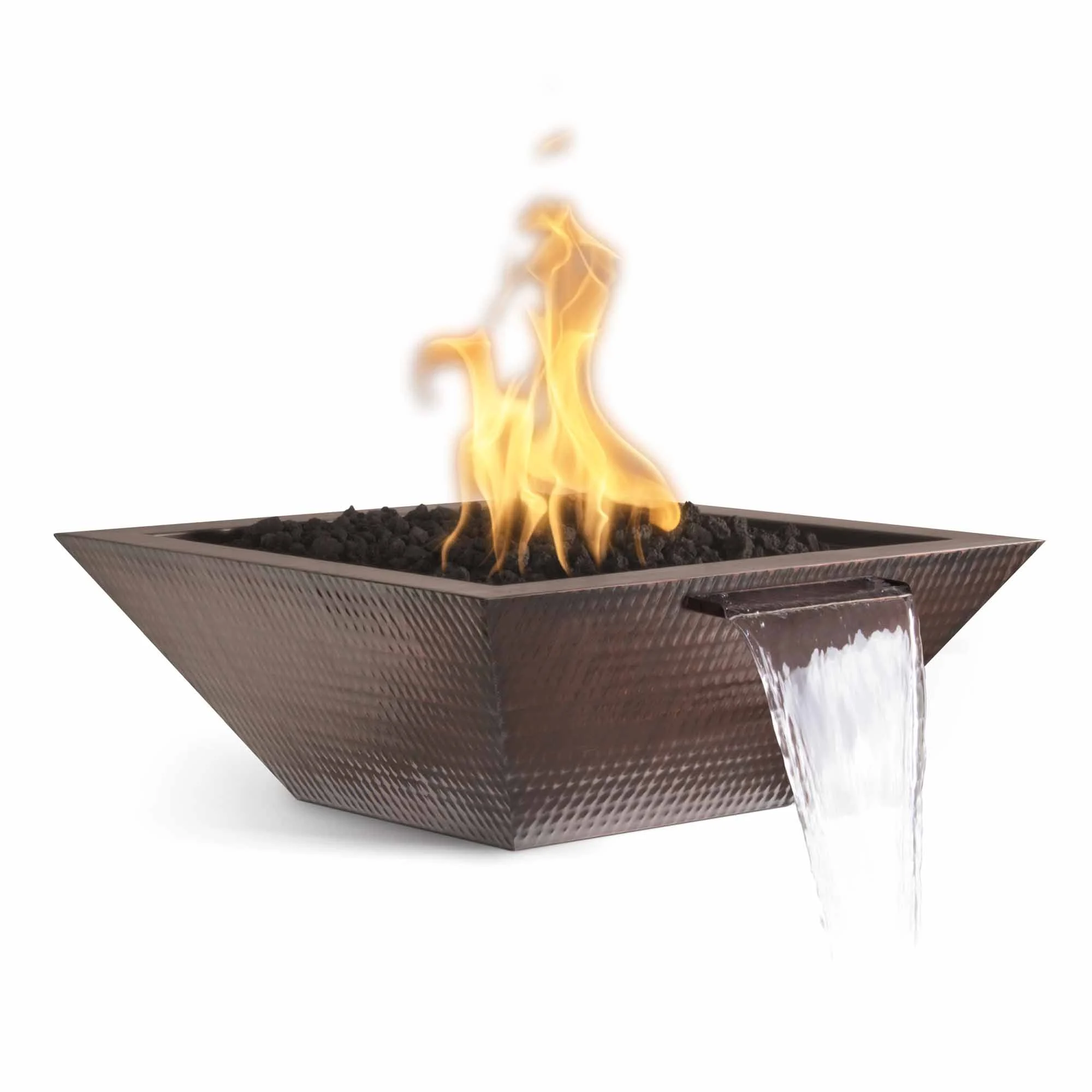 The Outdoor Plus Square Maya 36" Copper Natural Gas Fire & Water Bowl with Match Lit with Flame Sense Ignition