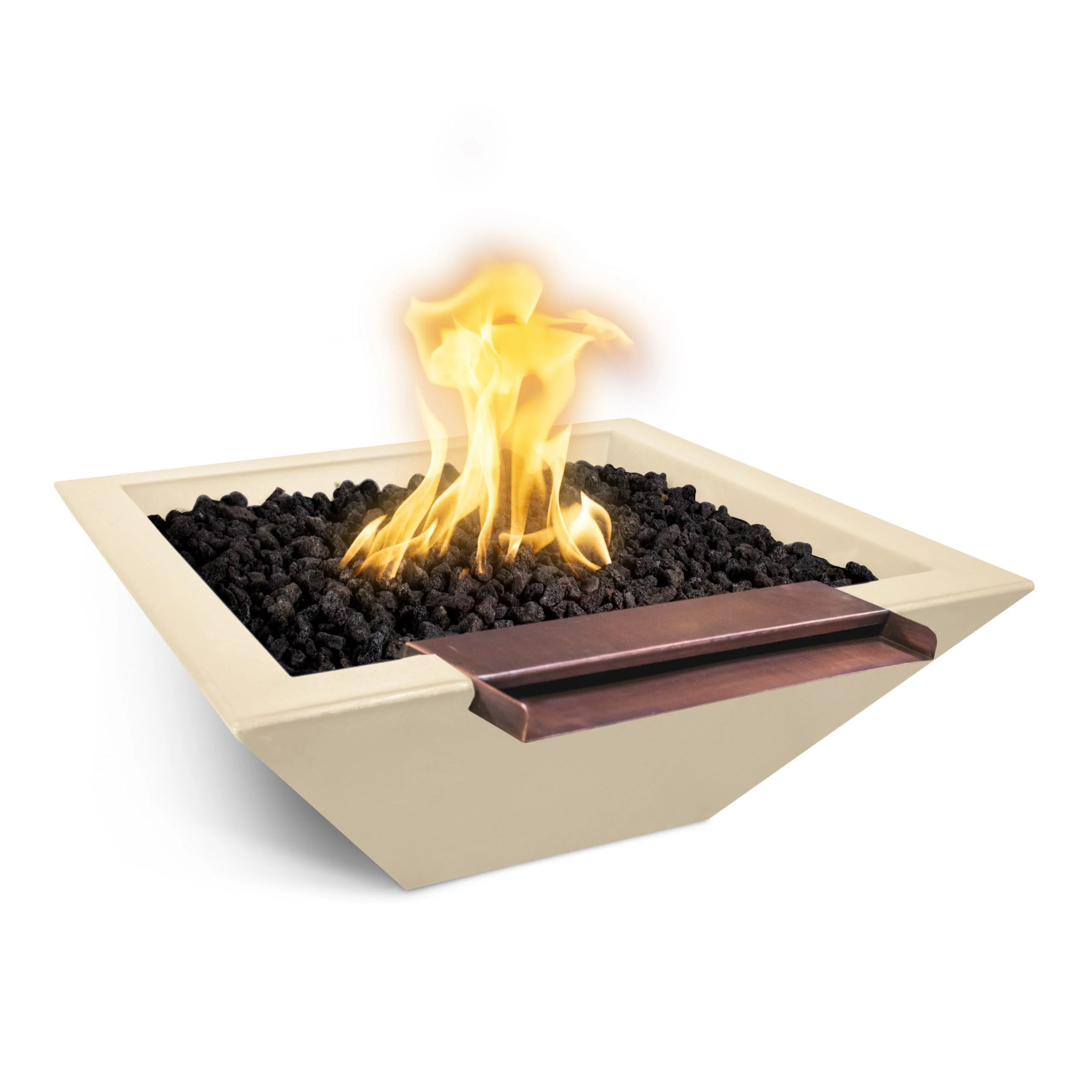 The Outdoor Plus Square Maya 36" White GFRC Concrete Natural Gas Fire & Wide Spill Water Bowl with Match Lit with Flame Sense Ignition