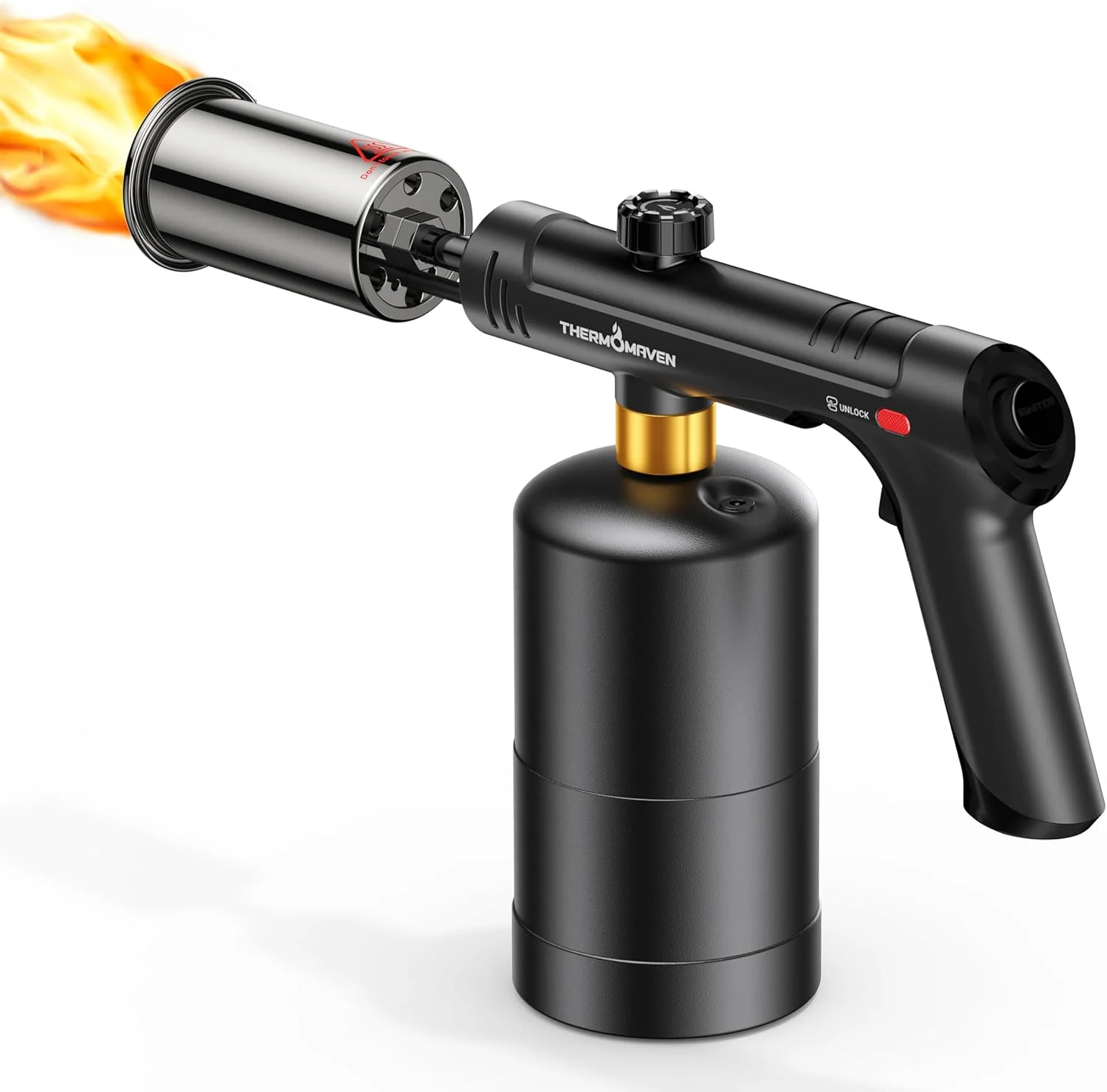 ThermoMaven Propane Torch with One-Touch Max Fire, Cooking Blow Torch Gun with Safety Lock, Charcoal Lighter, Flame Thrower, Gas Welding Kit Kitchen Food Torch Head for Grill, Sous Vide, BBQ, Black