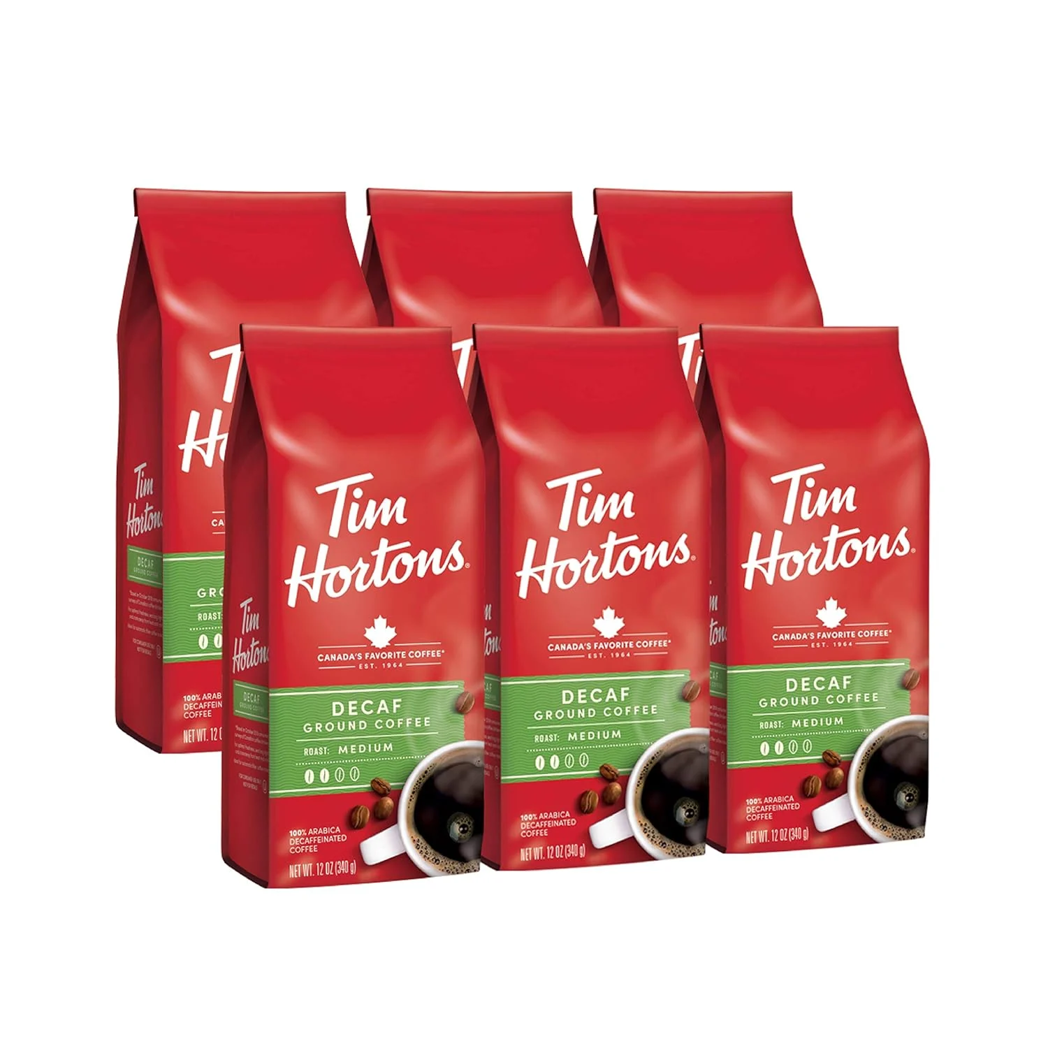 Tim Hortons Decaf Blend, Medium Roast Ground Coffee, Perfectly Balanced, Always Smooth, Made with 100% Arabica Beans, 72 Ounce (6 x 12 oz Bags)