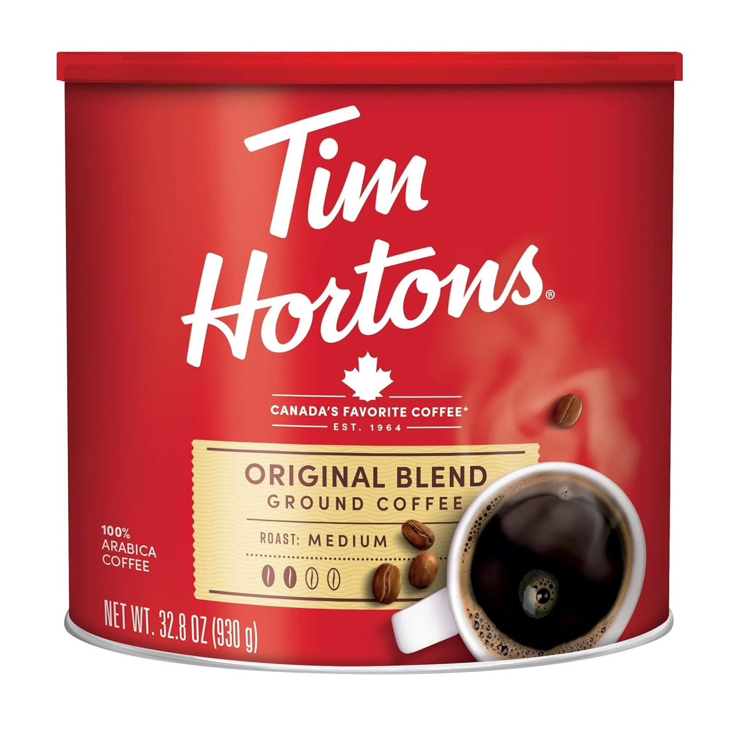 Tim Hortons Original Blend, Medium Roast Ground Coffee, Canada’s Favorite Coffee, Made with 100% Arabica Beans, 32.8 Ounce Canister