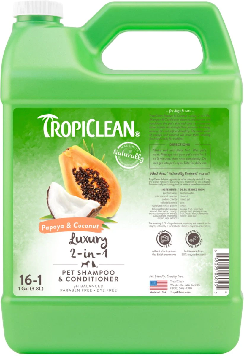 TropiClean Luxury 2 in 1 Papaya & Coconut Pet Shampoo & Conditioner – Grooming Supplies for Smelly Dogs, Puppies, and Cats – Soap & Paraben Free (1 Gallon)