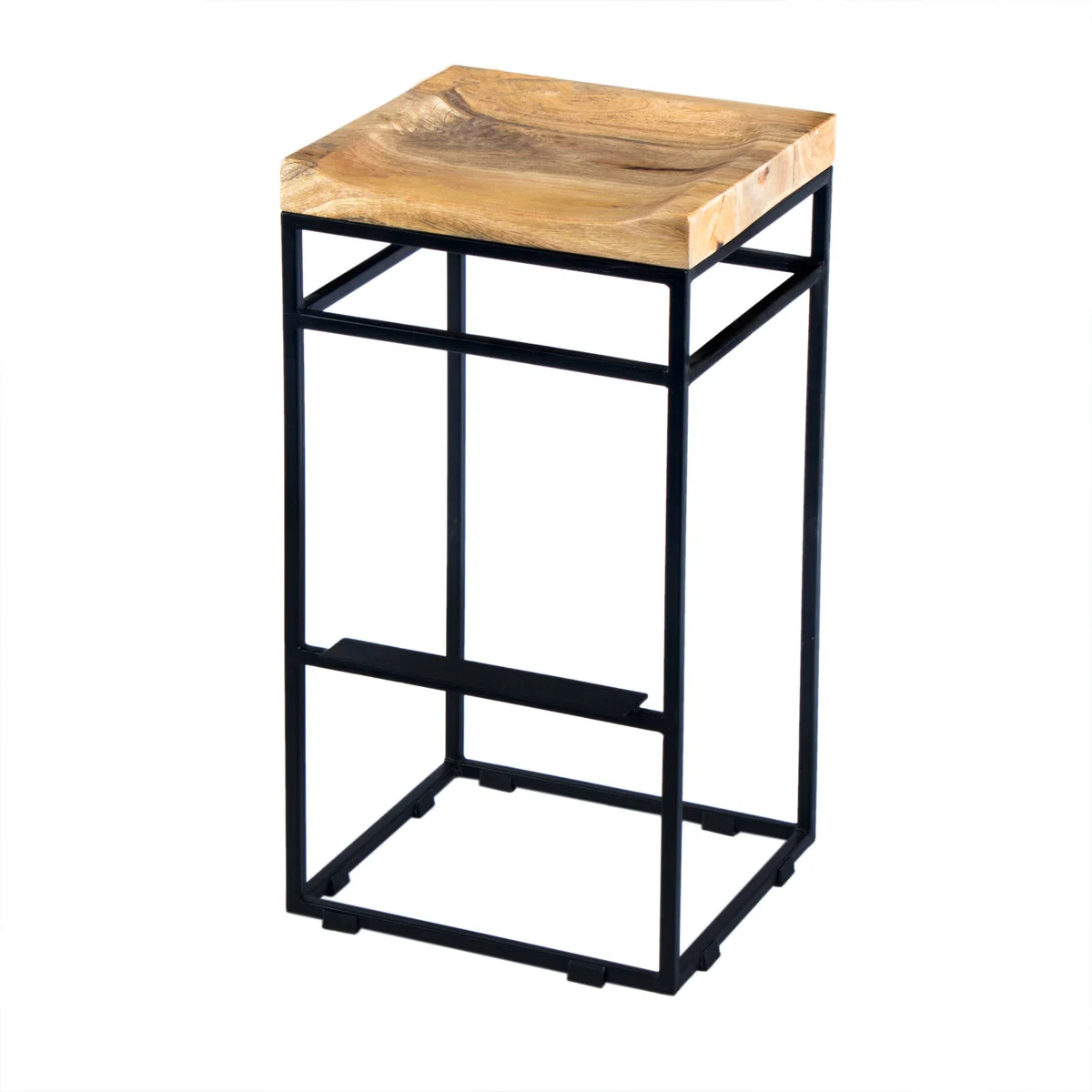 The Urban Port Square Mango Wood Bar Stool With Iron Base and Footrest, Brown and Black