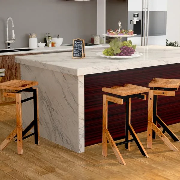 The Urban Port 29 Inch Metal Frame Acacia Wood Bar Stool with Saddle Seat, Brown and Black