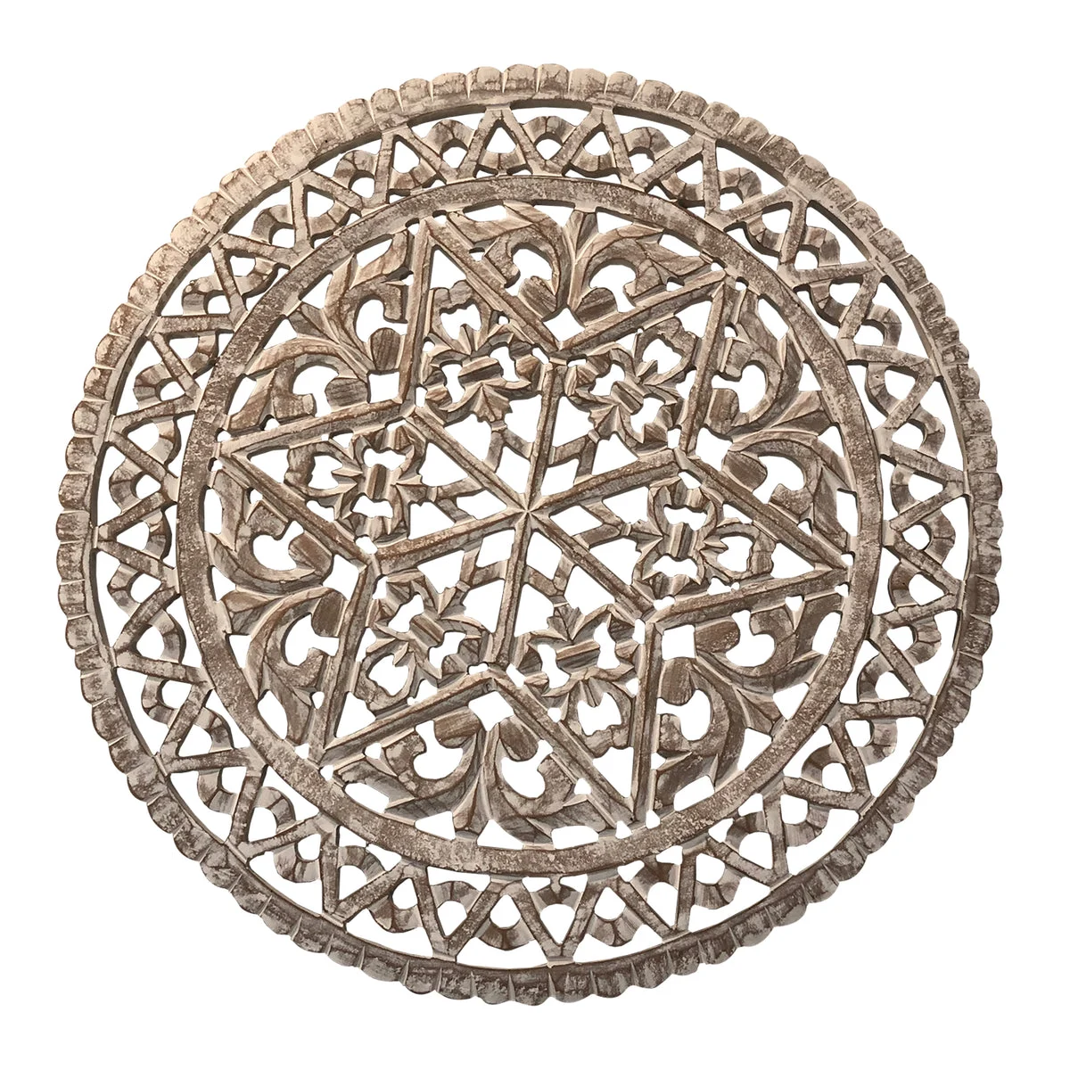The Urban Port UPT-225286 30 `` Round Wooden Carved Wall Art with Intricate Cutouts, Distressed White