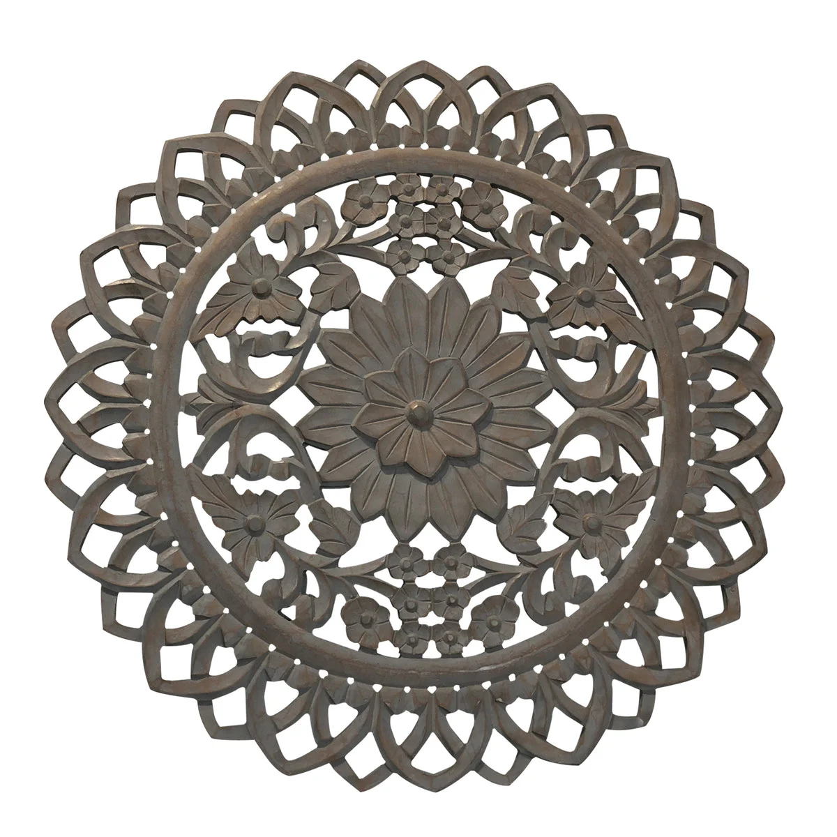 The Urban Port UPT-225288 36 `` Handcarved Wooden Round Wall Art with Floral Carving, Distressed Brown