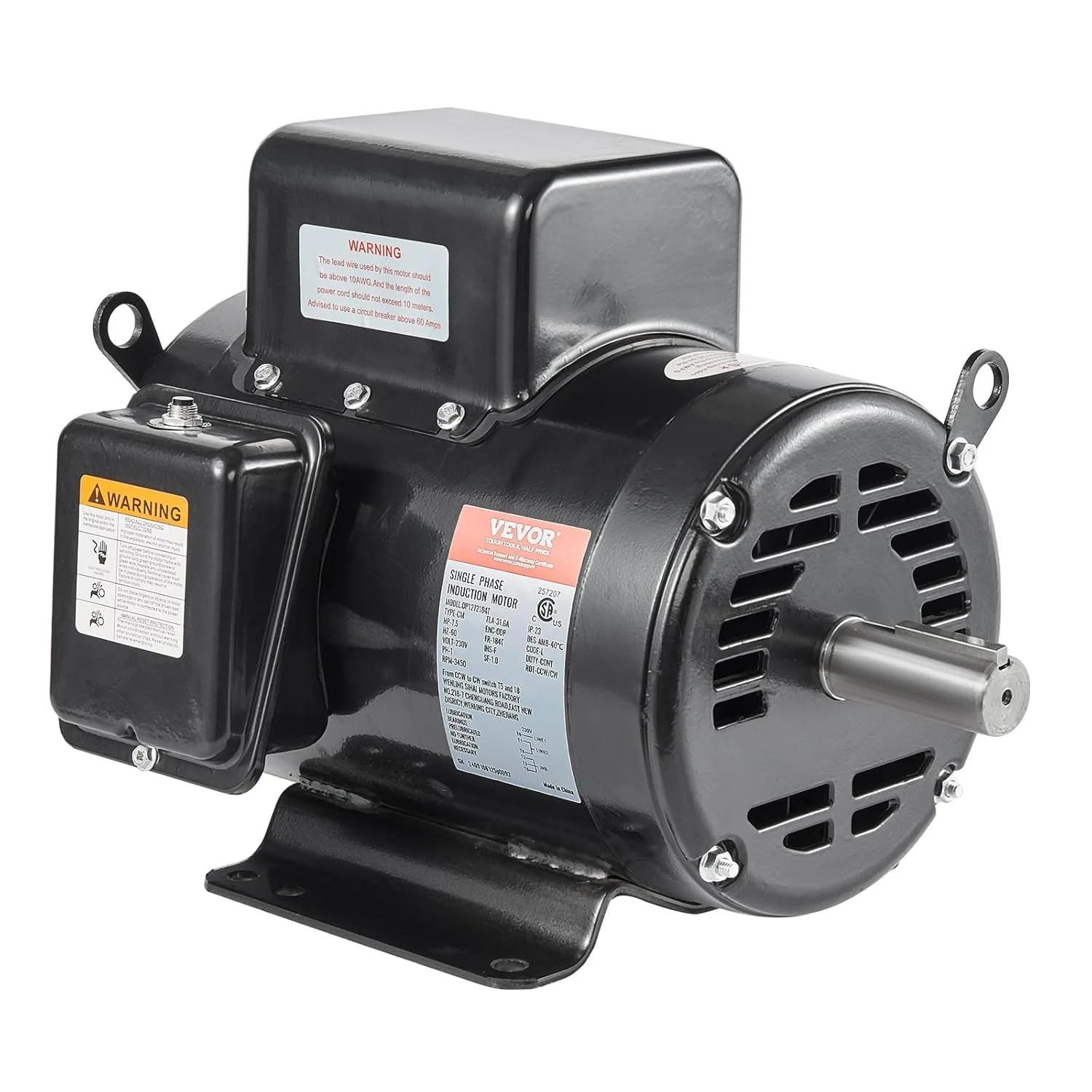 VEVOR 7.5HP Air Compressor Motor, 230V 31.6 Amps Electric Motor, 3450RPM 184T Frame, 1-1/8″ Keyed Shaft, 2.75″ Shaft Length for Air Compressors, Single Phase, CCW/CCW (Factory Setting is CCW)