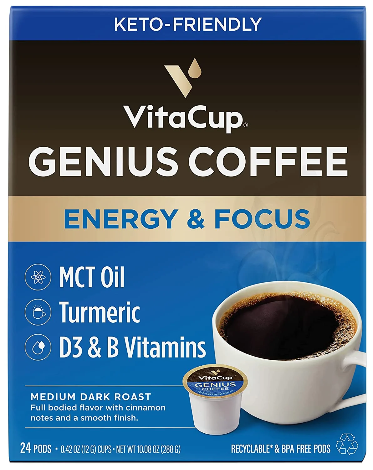 VitaCup Genius Coffee Pods, Increase Energy & Focus with MCT Oil, Turmeric, B Vitamins, D3, Medium Dark Roast, Bold, Smooth, Recyclable Single Serve Pod Compatible with Keurig K-Cup Brewers,24 Ct
