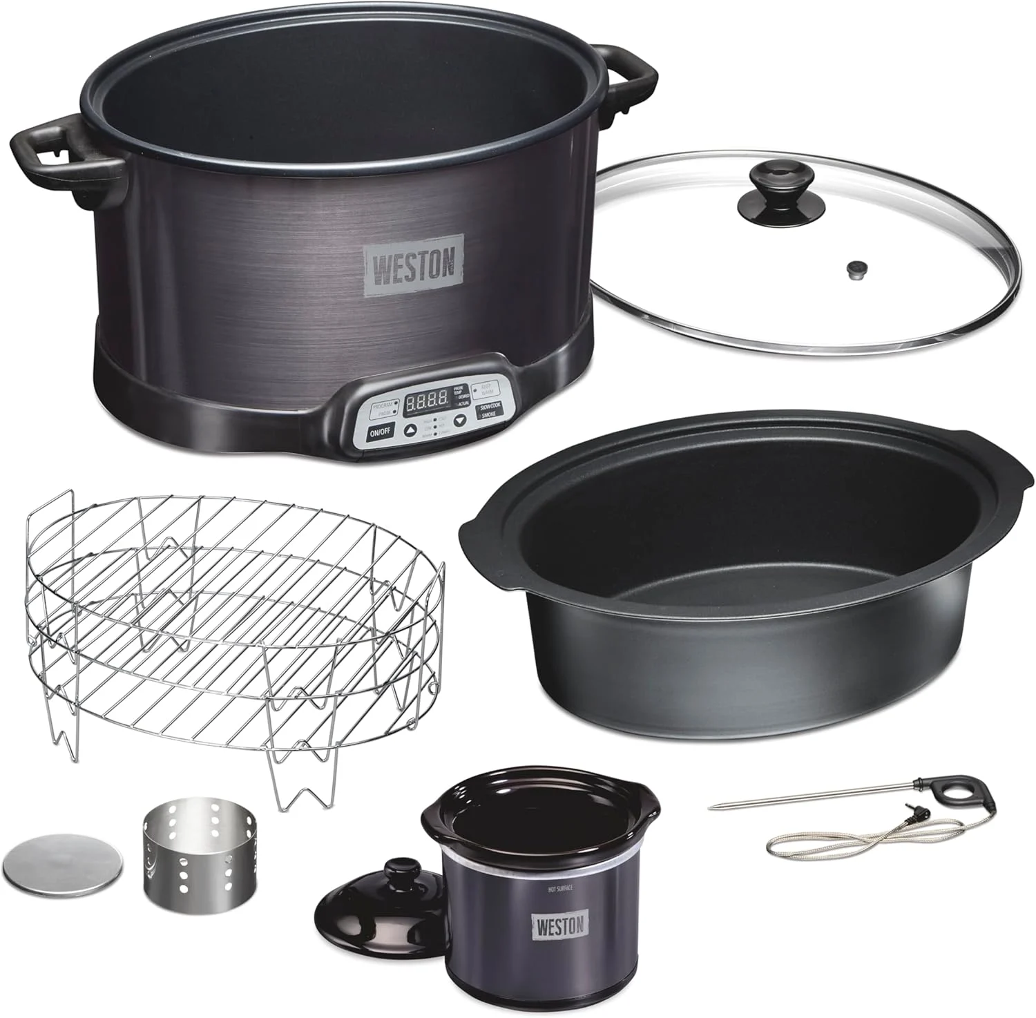 WESTON 2-in-1 Programmable Slow Cooker & Electric Indoor Smoker, 6 Quart, 3-Tier Smoking Rack for Meat, Cheese and More