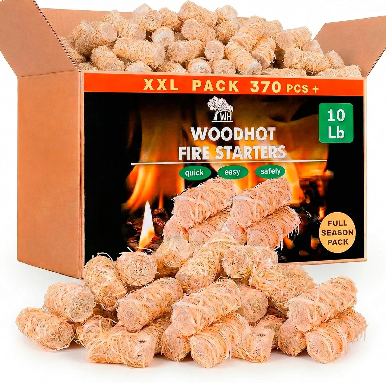 WH 370 pcs Natural Fire Starters for Indoor Fireplace – 10lb Large Box – Long-Burning Charcoal Starters – Odorless Firestarters for Wood Stove, Chimney, Campfires & Grill – Quick Ignite