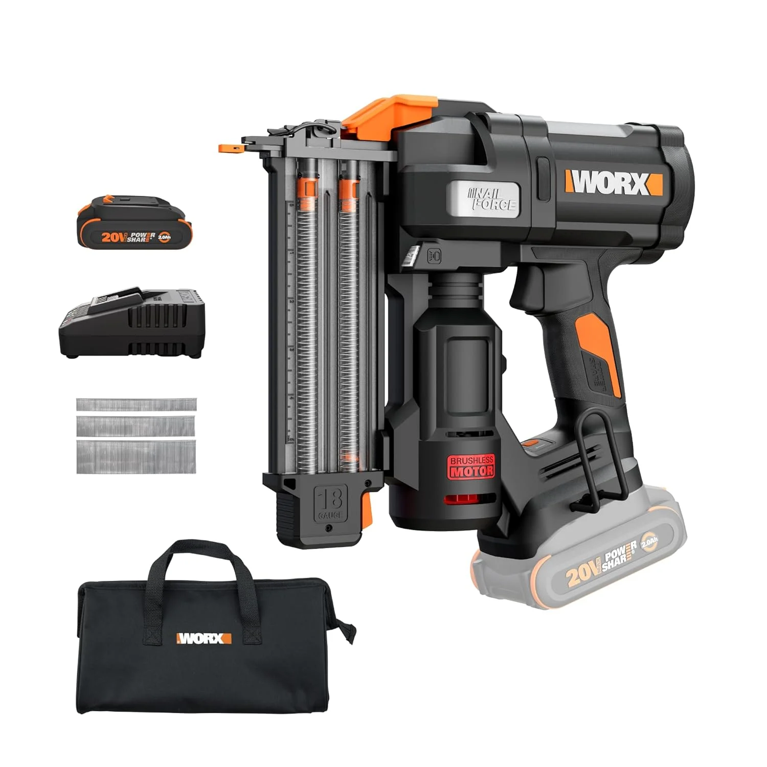 WORX Brad Nailer Cordless, 20V 18 ga Brushless Nail Gun Cordless, High Driving Power, Up to 2-⅛” into Hardwood, Narrow Nose, 3 LEDs, 3000 Nails & 20V 2.0 Ah Battery and Charger Included, PowerShare