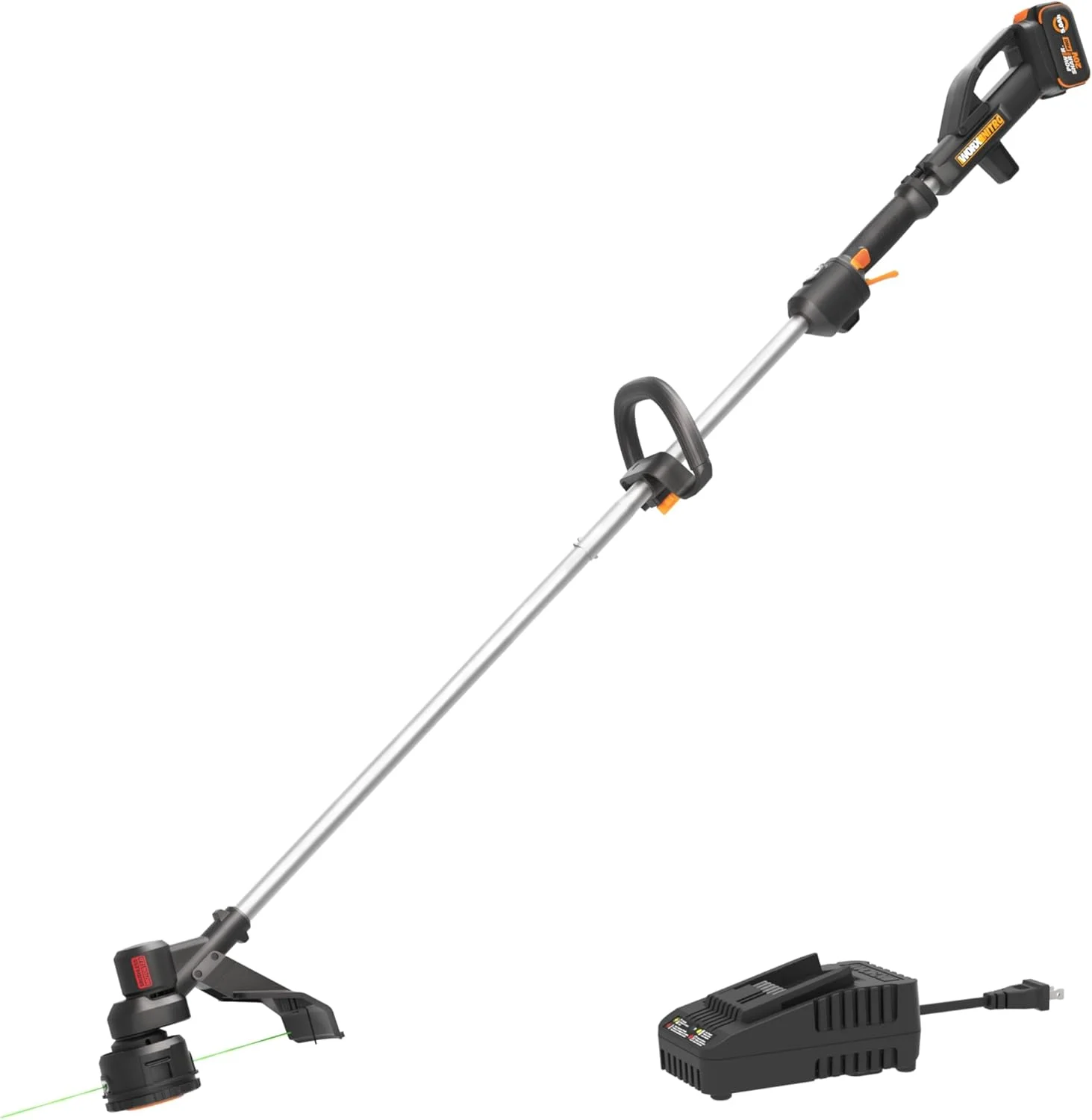 WORX Cordless String Trimmer, 20V 13”-15” Weed Wracker with Brushless Motor 2.0, 21 cc Gas Equivalent, Quick-Line Reloading, Includes 20V 5.0 Ah PowerShare Pro Battery and Charger, PowerShare