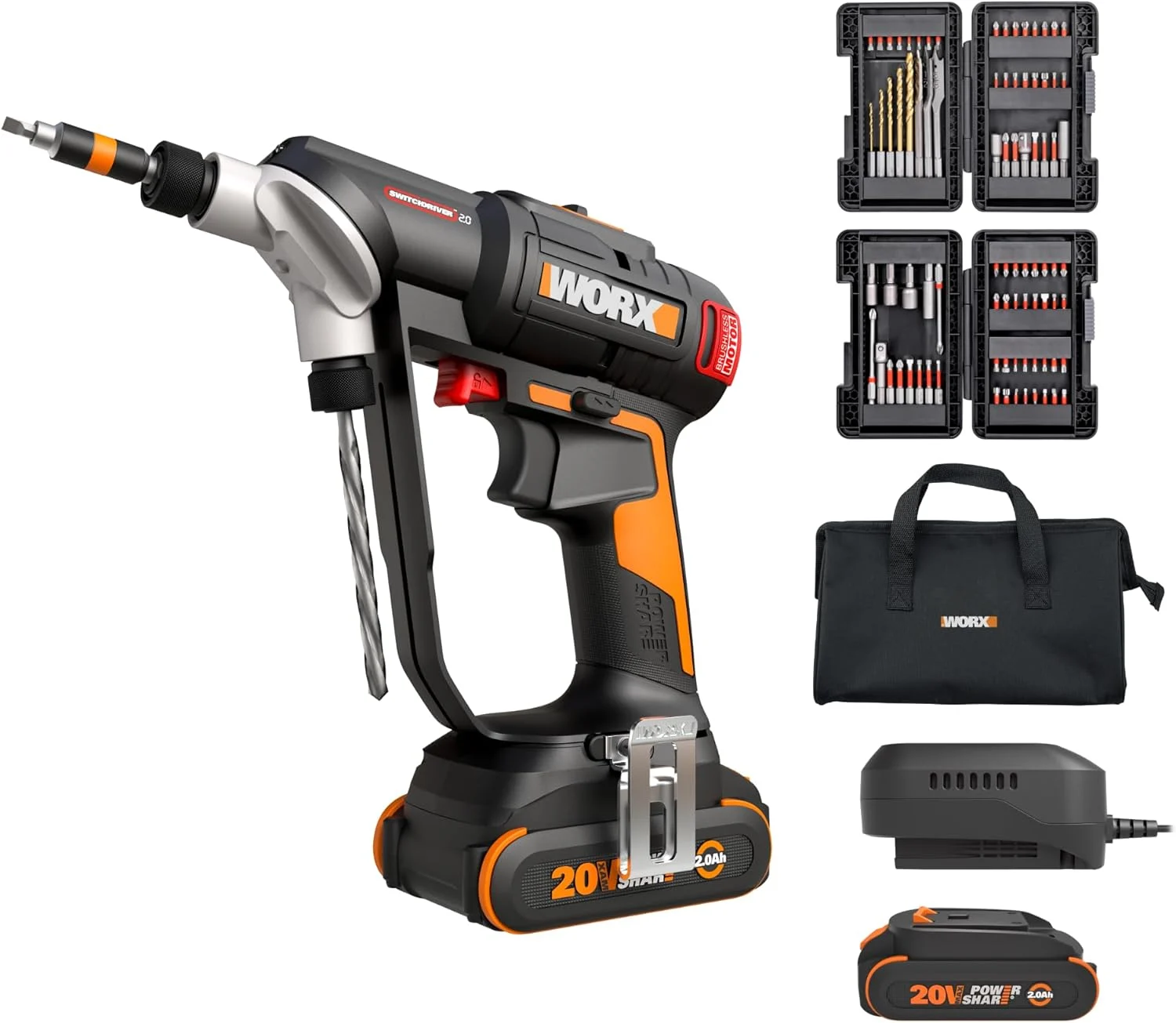 WORX Nitro 20V SwitchDriver 2.0 with 85 pc Accessory Kit, 2-in-1 Brushless Cordless Drill Driver, Drill Set Rotatable Dual 1/4″ Chucks, WX177L.2 – (Battery & Charger Included)