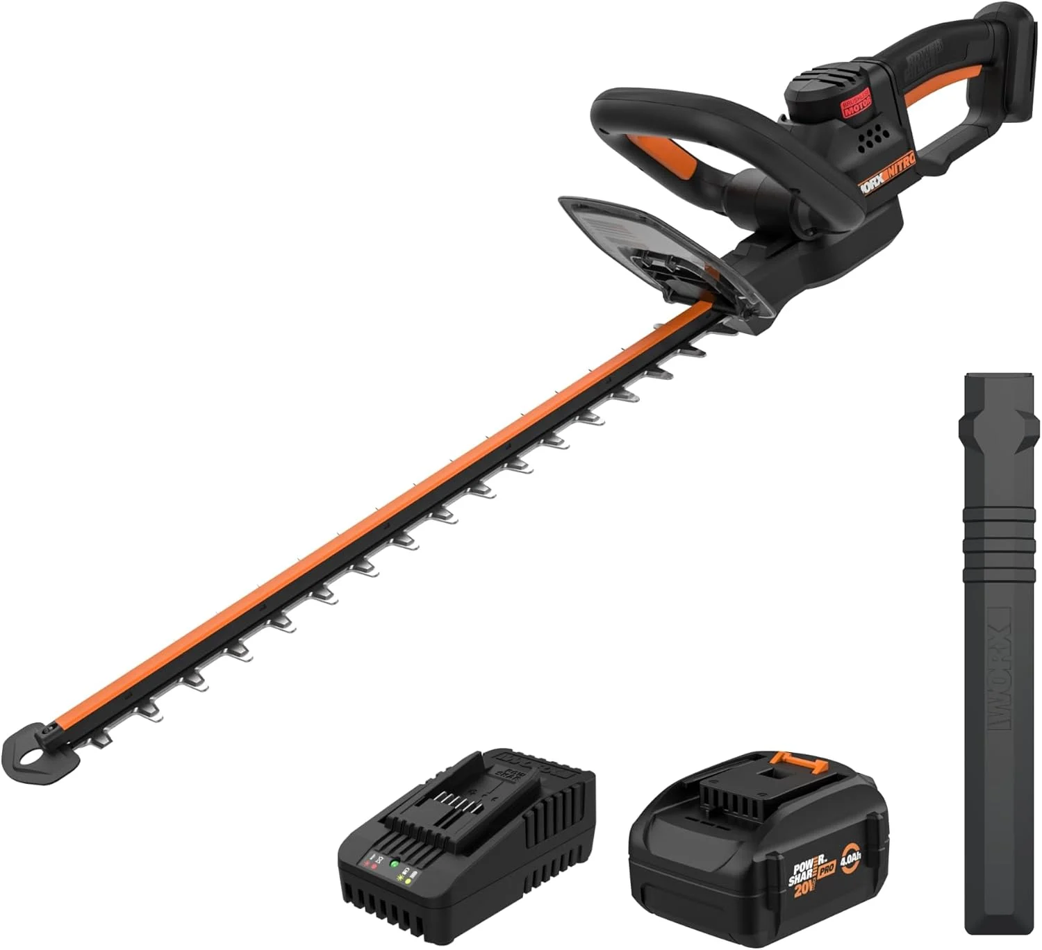 WORX Nitro WG263 22″ 20V Cordless Hedge Trimmer, Electric Hedge Trimmer with Dual-Action Blades & 3400 SPM, Brushless Bush Trimmer Cuts Branches 1″ Thick, Battery & Charger Included