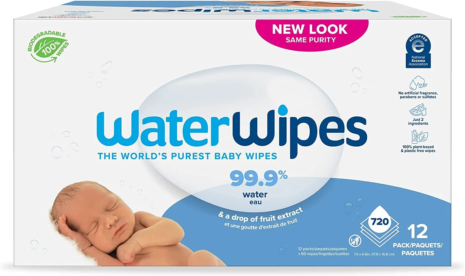 WaterWipes Plastic-Free Original Baby Wipes, 99.9% Water Based Wipes, Unscented & Hypoallergenic for Sensitive Skin, 720 Count (12 packs), Packaging May Vary