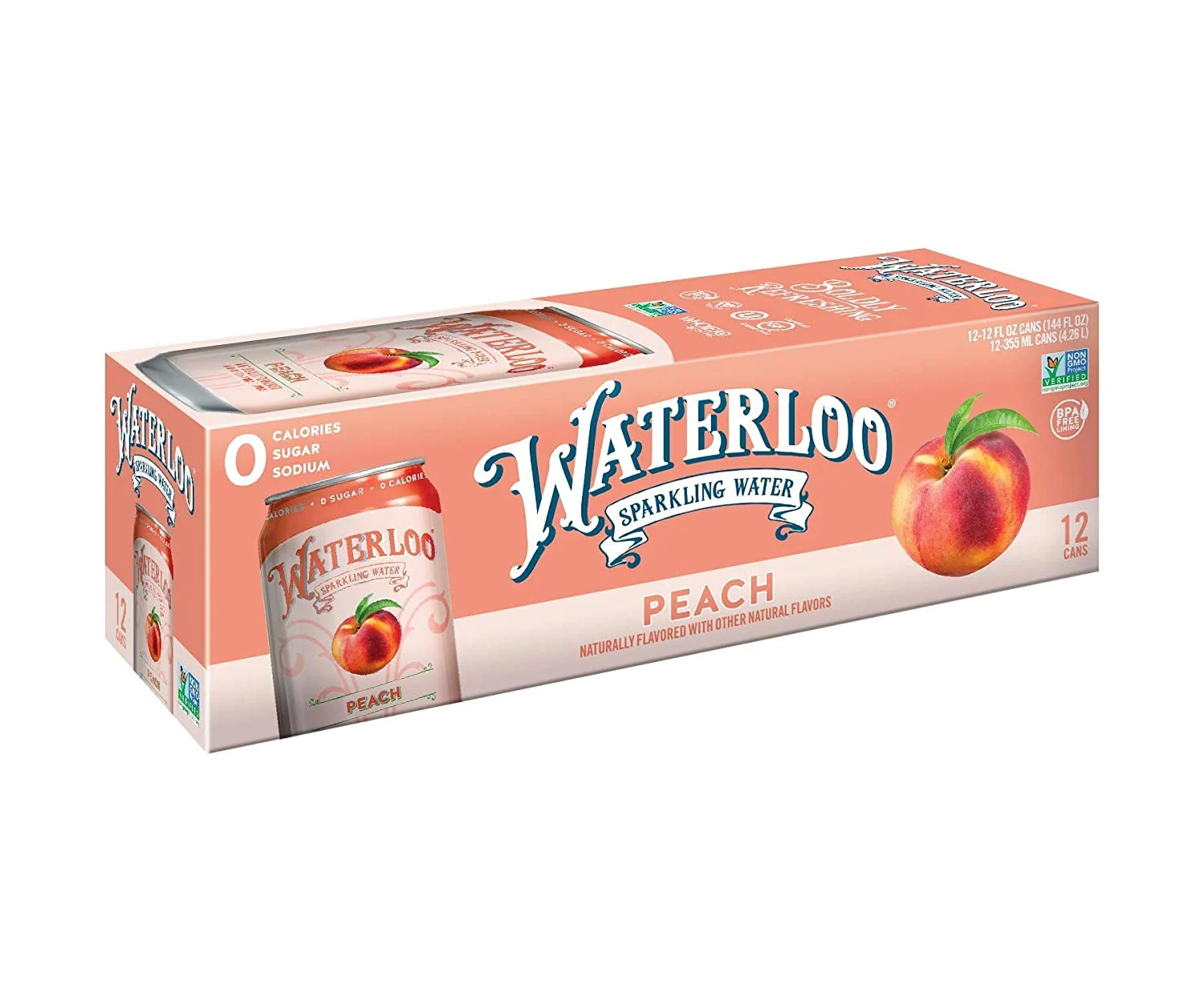 Waterloo Sparkling Water, Peach Naturally Flavored, 12 Fl Oz Cans, Pack of 12
