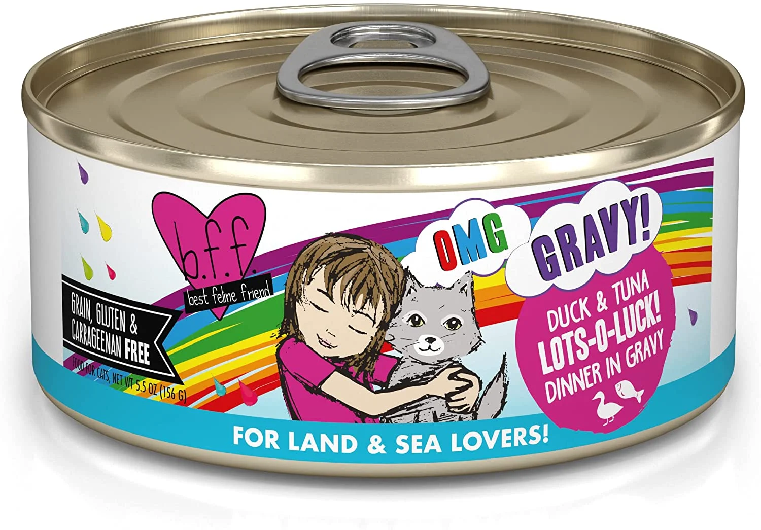 Weruva B.F.F. OMG – Best Feline Friend Oh My Gravy!, Lots-O-Luck! with Duck & Tuna in Gravy Cat Food, 5.5oz Can (Pack of 8)