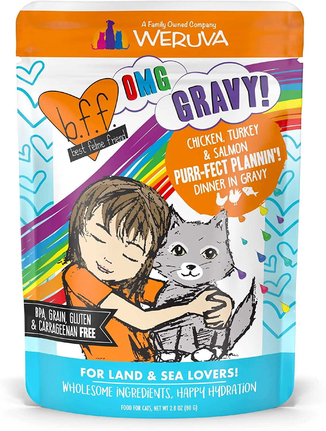 Weruva B.F.F. OMG – Best Feline Friend Oh My Gravy!, Purr-Fect Plannin’! with Chicken, Turkey & Salmon in Gravy Cat Food, 2.8oz Pouch (Pack of 12)