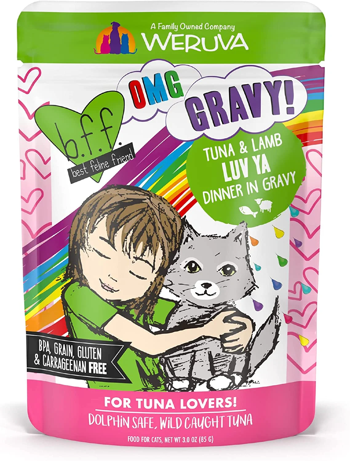 Weruva B.F.F. OMG – Best Feline Friend Oh My Gravy!, Tuna & Lamb Luv Ya with Tuna & Lamb in Gravy Cat Food, 3oz Pouch (Pack of 12)