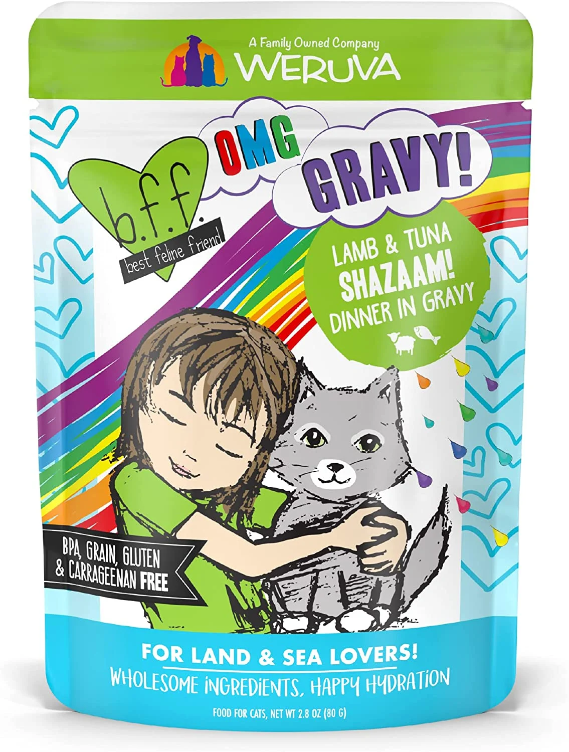 Weruva B.F.F. Omg – Best Feline Friend Oh My Gravy!, Shazaam! With Lamb & Tuna In Gravy Cat Food, 2.8Oz Pouch (Pack Of 12)