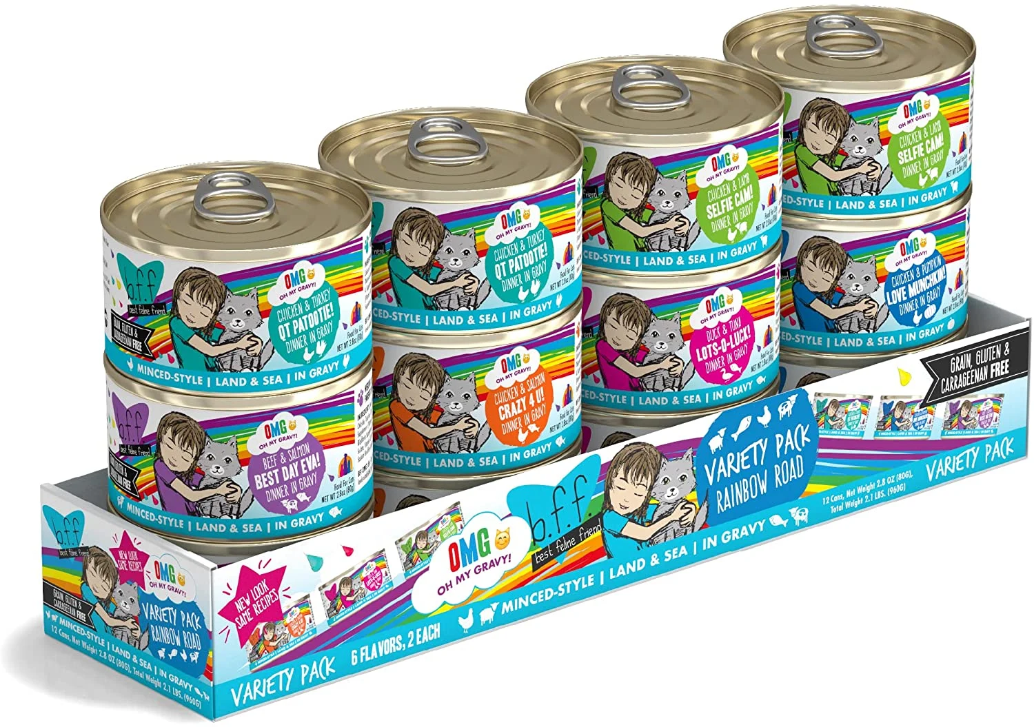 Weruva B.F.F. Omg – Best Feline Friend Oh My Gravy!, Variety Pack, Rainbow Road, Wet Cat Food By, 2.8Oz Cans (Pack Of 12)