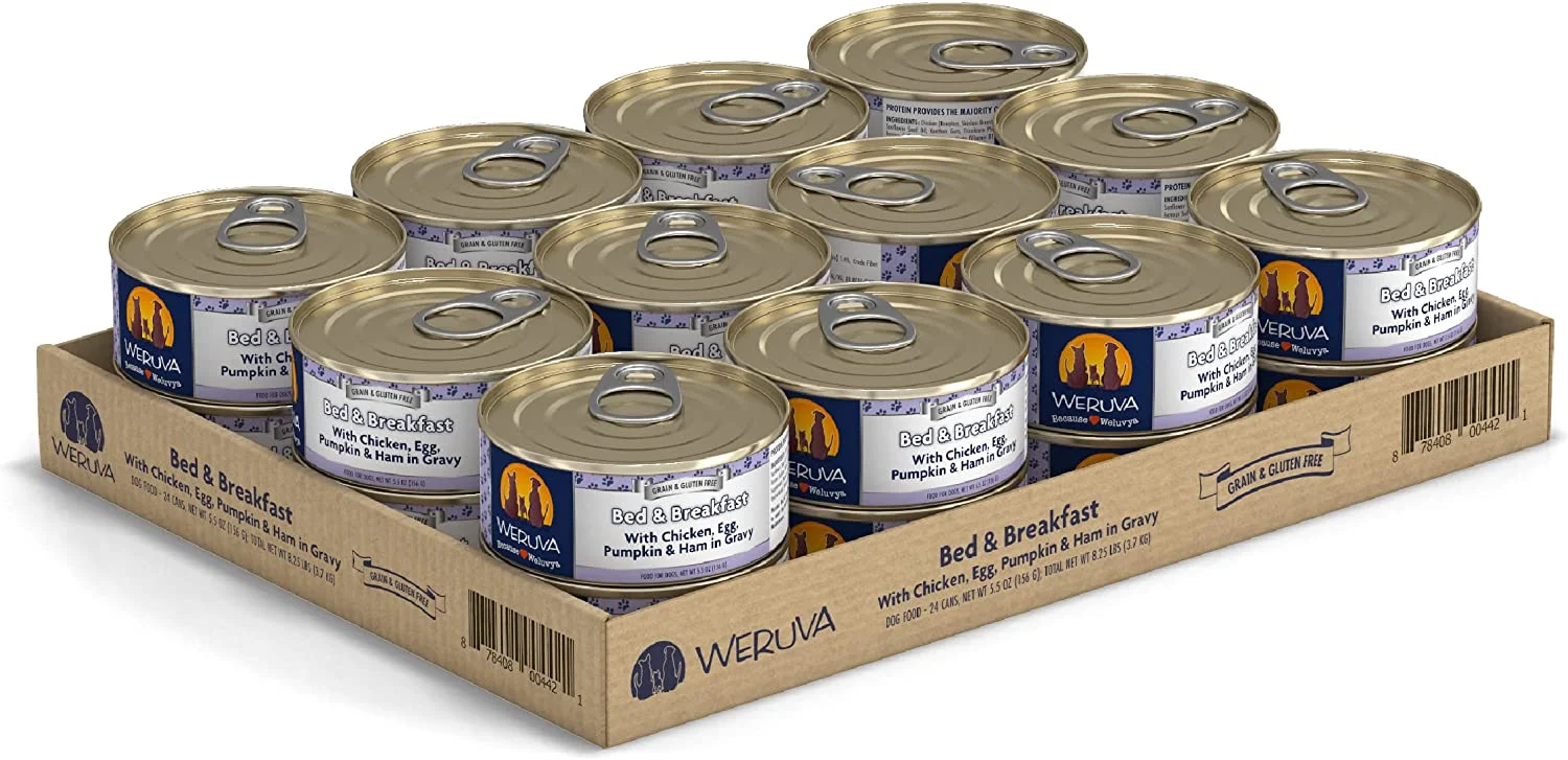 Weruva Bed & Breakfast with Chicken Egg Pumpkin & Ham in Gravy Grain-Free Canned Dog Food 5.5 Ounce (Pack of 24)