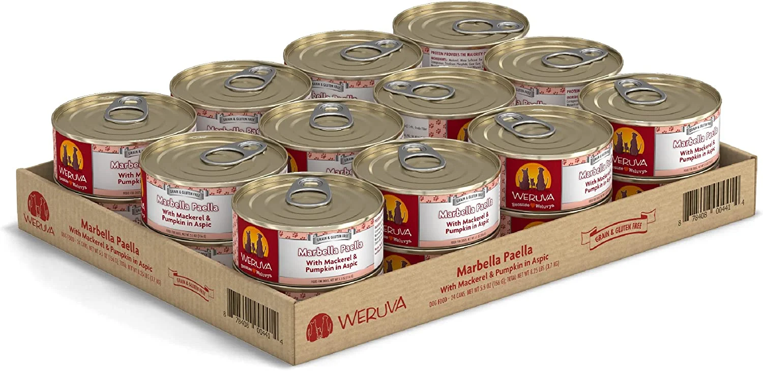 Weruva Marbella Paella with Mackerel & Pumpkin in Aspic Grain-Free Canned Dog Food 5.5 Ounce (Pack of 24)