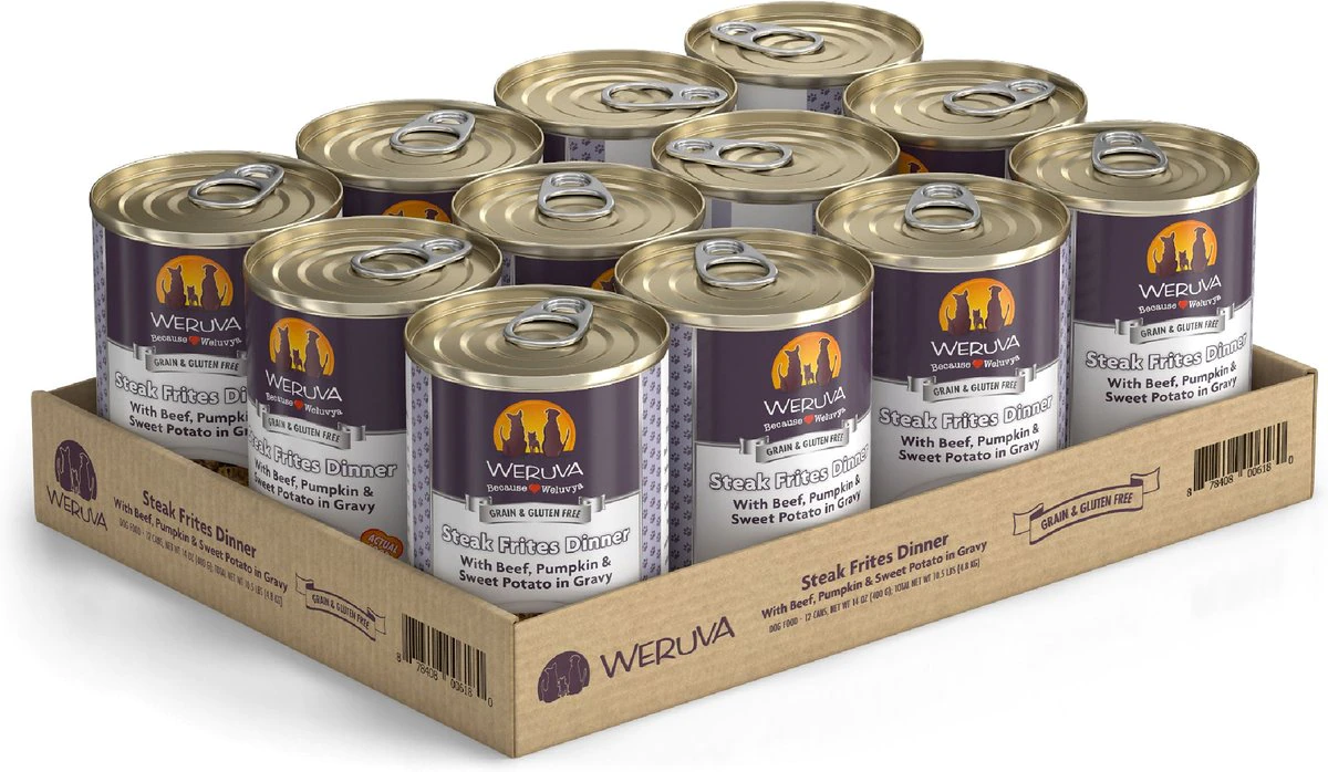 Weruva Steak Frites Dinner with Beef, Pumpkin & Sweet Potatoes in Gravy Grain-Free Canned Dog Food 14 Ounce (Pack of 12)