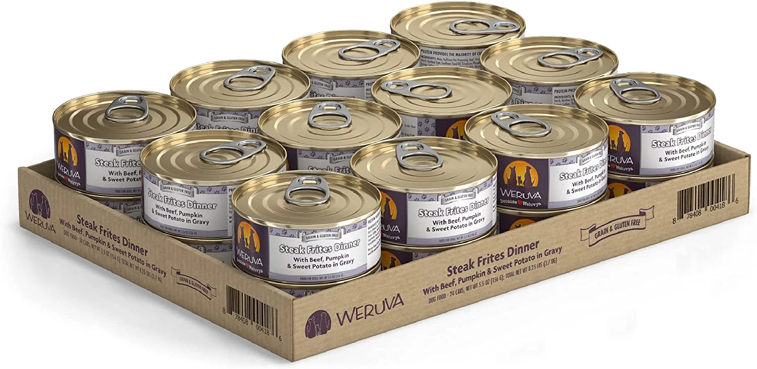 Weruva Steak Frites Dinner with Beef, Pumpkin & Sweet Potatoes in Gravy Grain-Free Canned Dog Food 5.5 Ounce (Pack of 24)