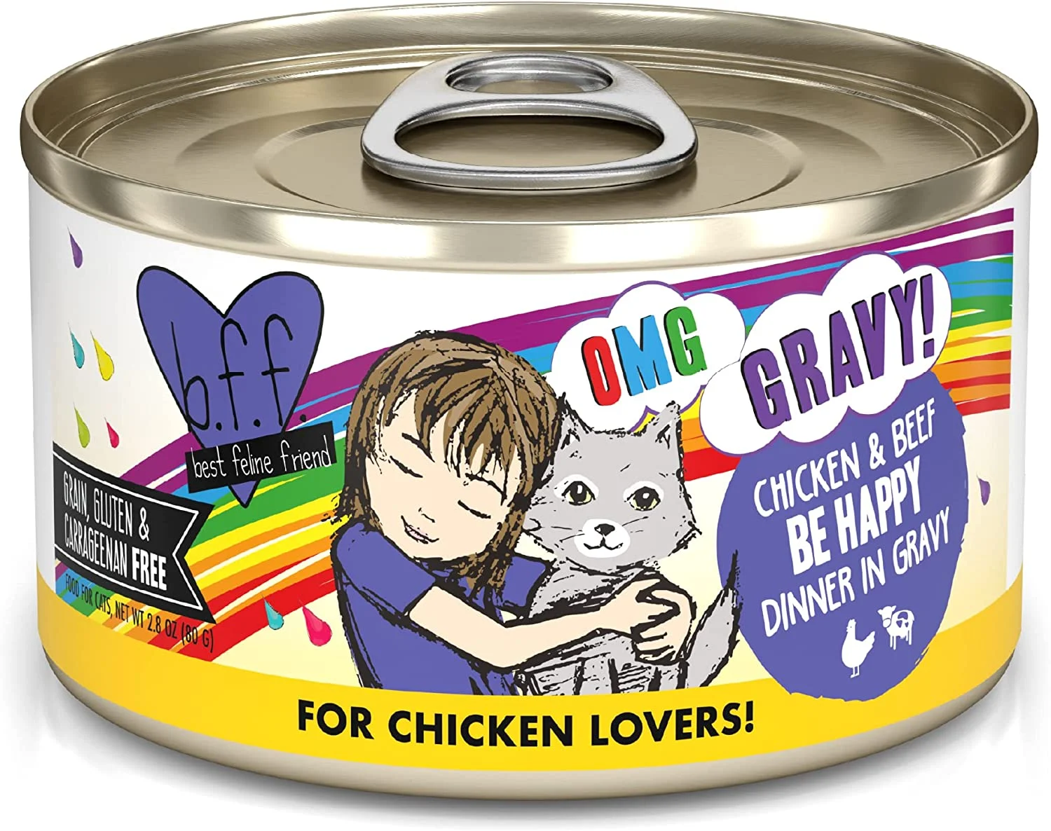 Weruva Wet Cat Food B.F.F. OMG – Best Feline Friend Oh My Gravy!, Chicken & Beef Be Happy with Chicken & Beef in Gravy, 2.8oz Can (Pack of 12)
