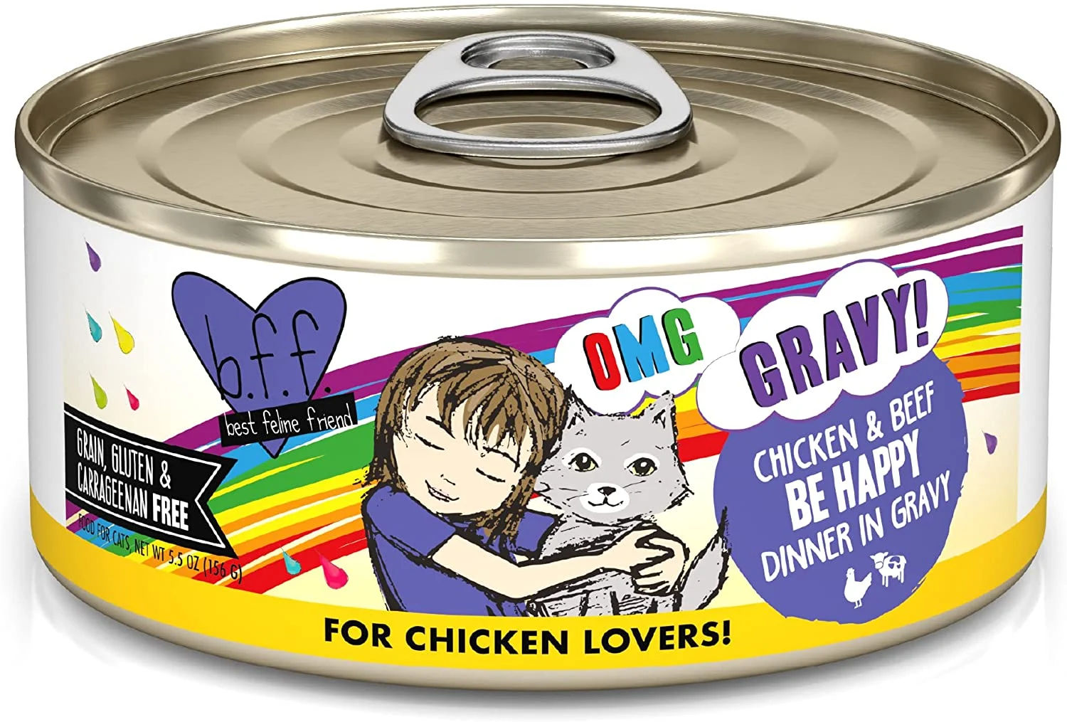 Weruva Wet Cat Food B.F.F. OMG – Best Feline Friend Oh My Gravy!, Chicken & Beef Be Happy with Chicken & Beef in Gravy, 5.5oz Can (Pack of 8)