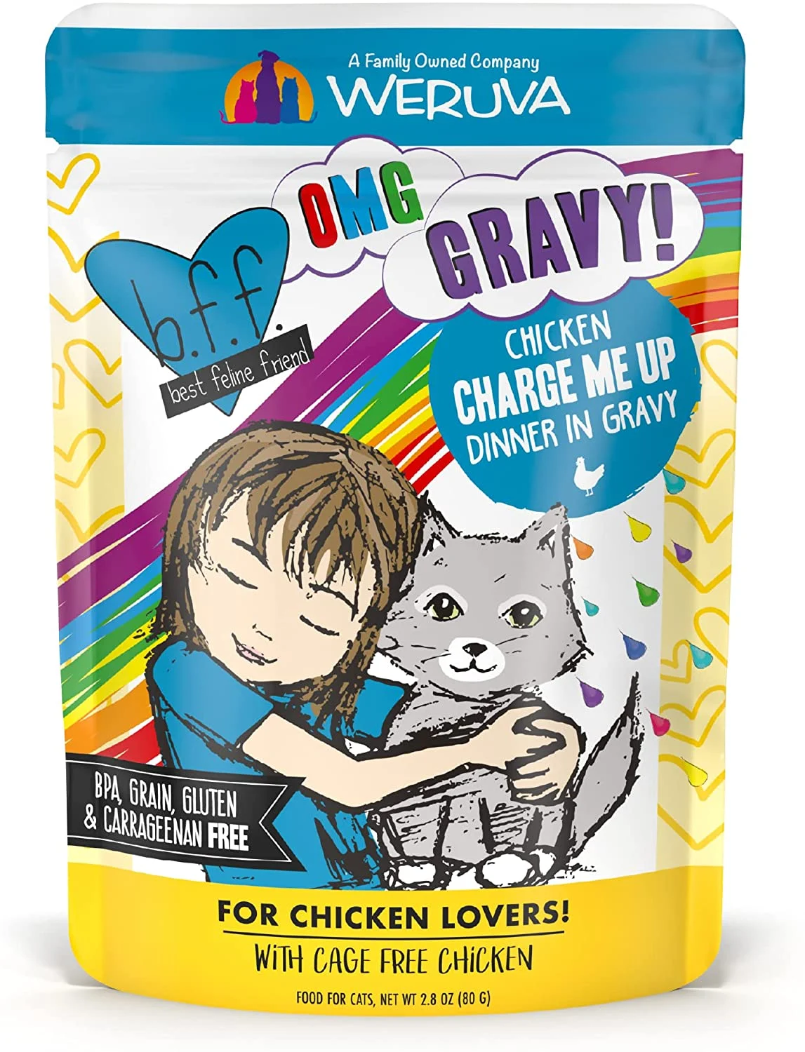 Weruva Wet Cat Food B.F.F. OMG – Best Feline Friend Oh My Gravy!, Chicken Charge Me Up with Chicken in Gravy, 2.8oz Pouch (Pack of 12)
