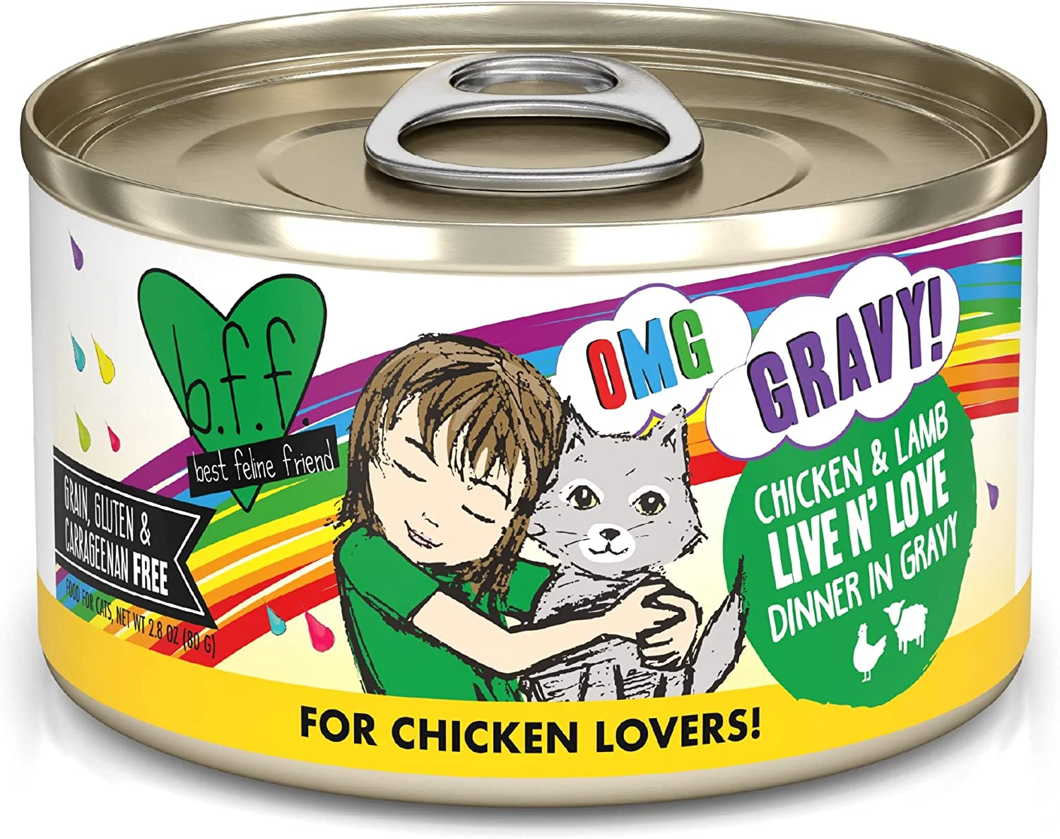 Weruva Wet Cat Food B.F.F. OMG – Best Feline Friend Oh My Gravy!, Chicken & Lamb Live N’ Love with Chicken & Lamb in Gravy, 2.8oz Can (Pack of 12)