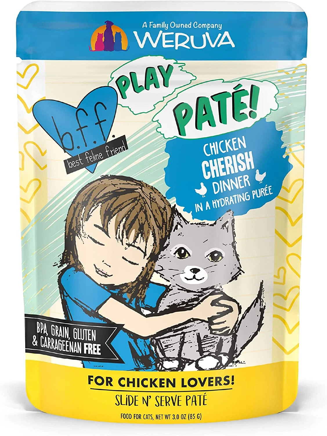 Weruva Wet Cat Food B.F.F. PLAY – Best Feline Friend Paté Lovers, Aw Yeah!, Chicken Cherish with Chicken, 3oz Pouch (Pack of 12)