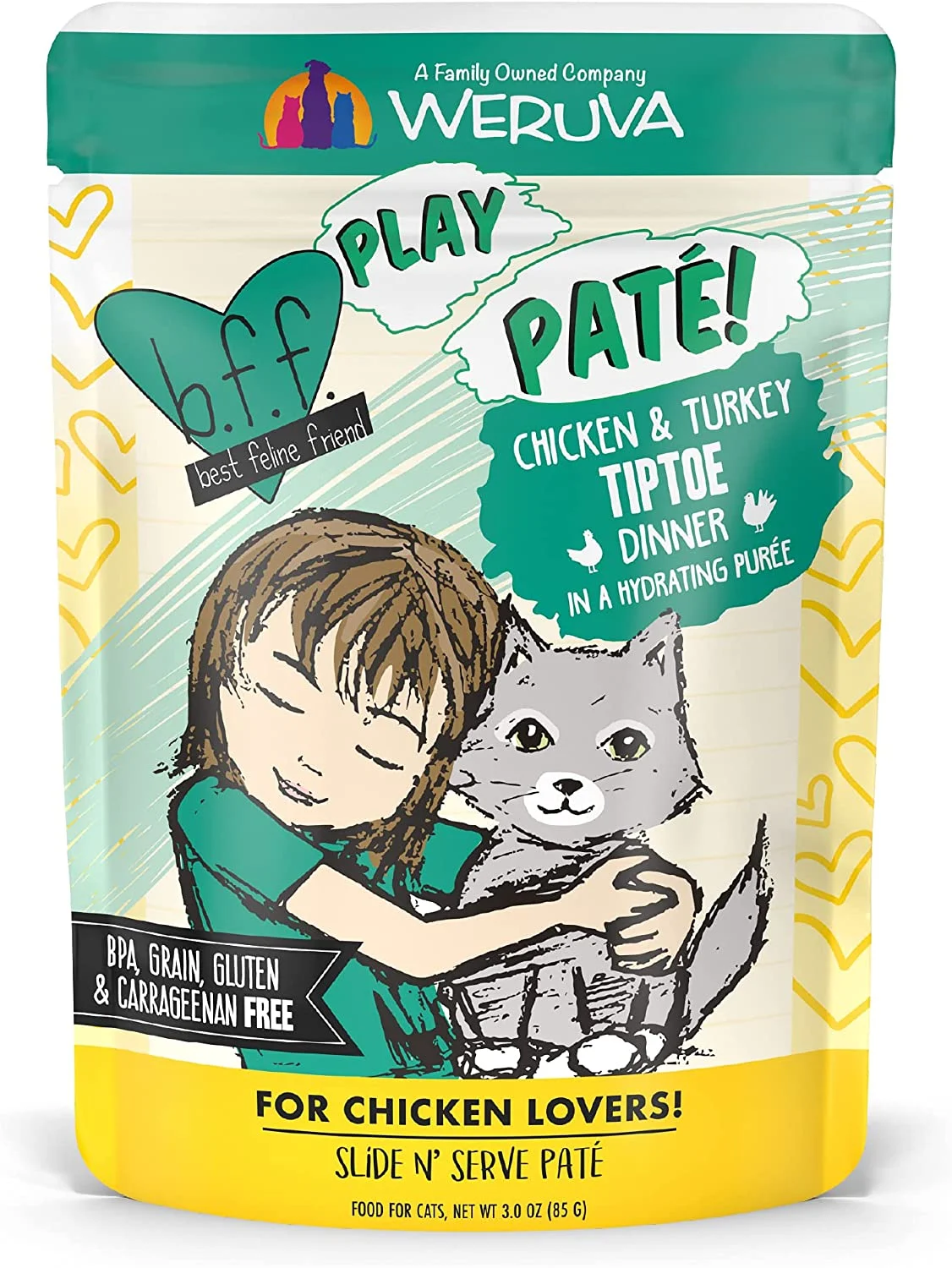 Weruva Wet Cat Food B.F.F. PLAY – Best Feline Friend Paté Lovers, Aw Yeah!, Chicken & Turkey Tiptoe with Chicken & Turkey, 3oz Pouch (Pack of 12)