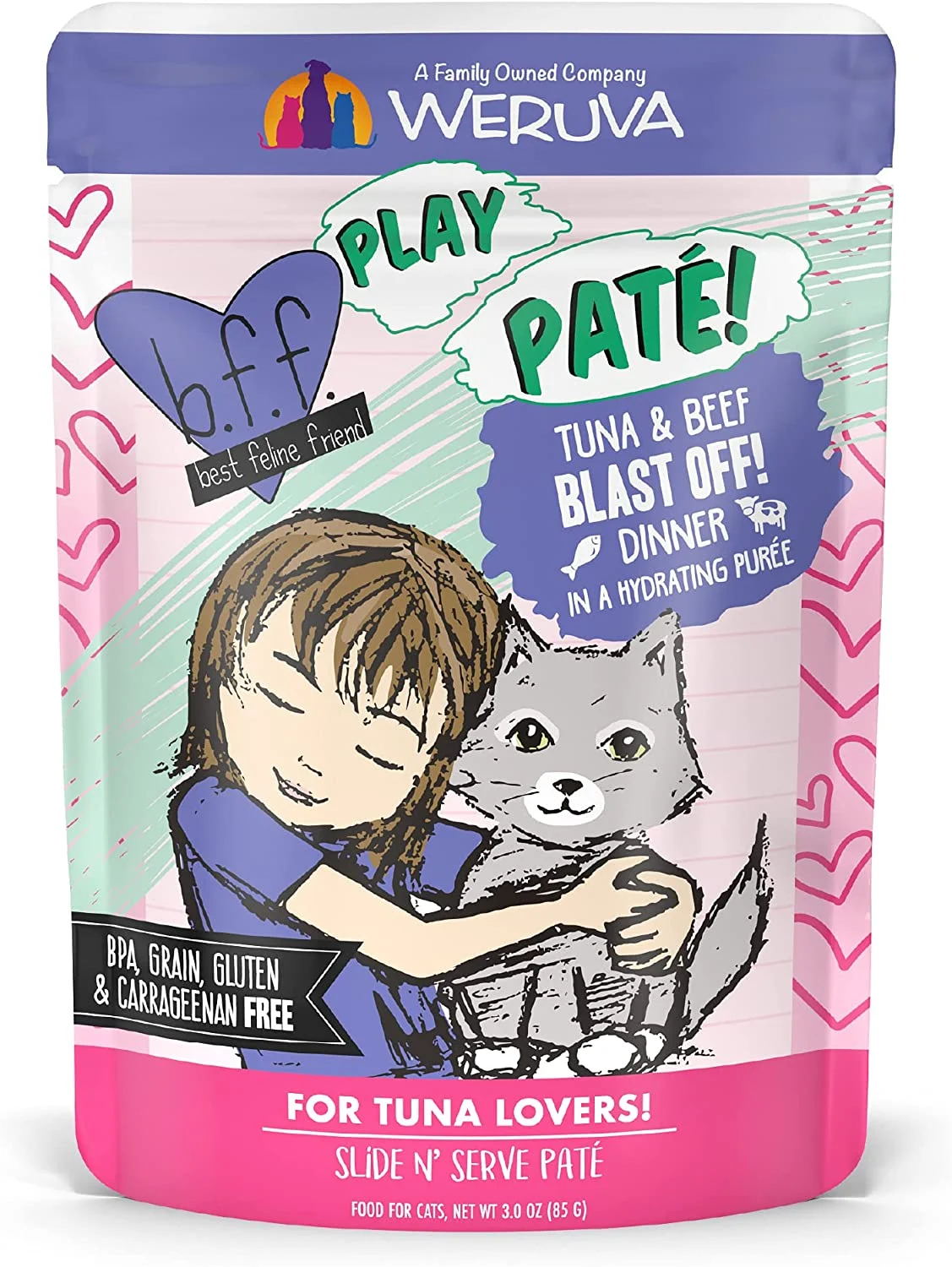 Weruva Wet Cat Food B.F.F. PLAY – Best Feline Friend Paté Lovers, Aw Yeah!, Tuna & Beef Blast Off! with Tuna & Beef, 3oz Pouch (Pack of 12)