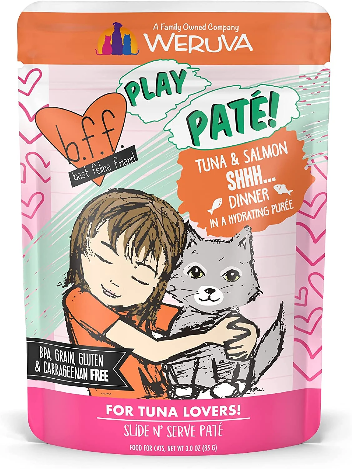 Weruva Wet Cat Food B.F.F. PLAY – Best Feline Friend Paté Lovers, Aw Yeah!, Tuna & Salmon Shhh… with Tuna & Salmon, 3oz Pouch (Pack of 12)