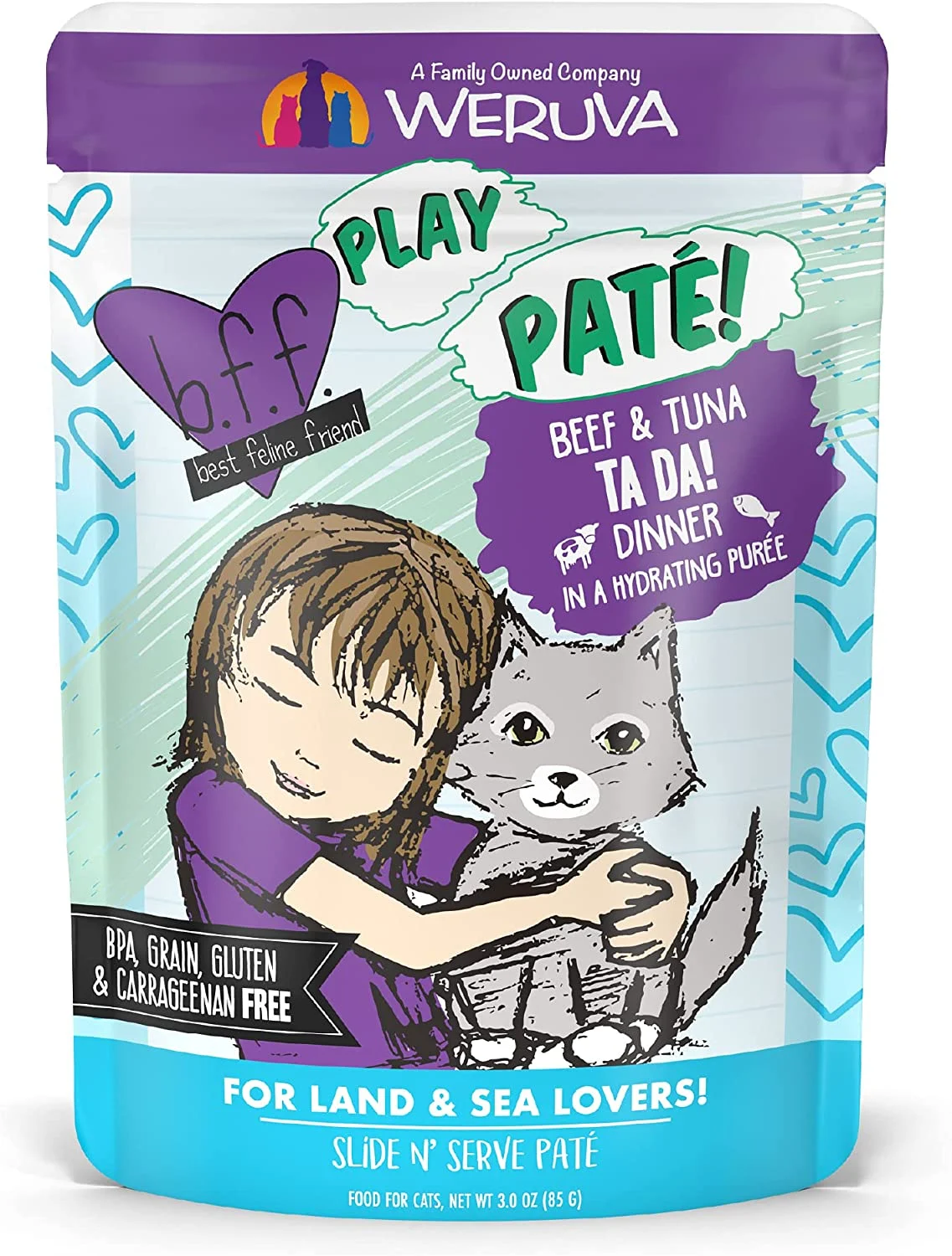 Weruva Wet Cat Food B.F.F. Play – Best Feline Friend Paté Lovers, Aw Yeah!, Beef & Tuna Ta Da! with Beef & Tuna, 3oz Pouch (Pack of 12)