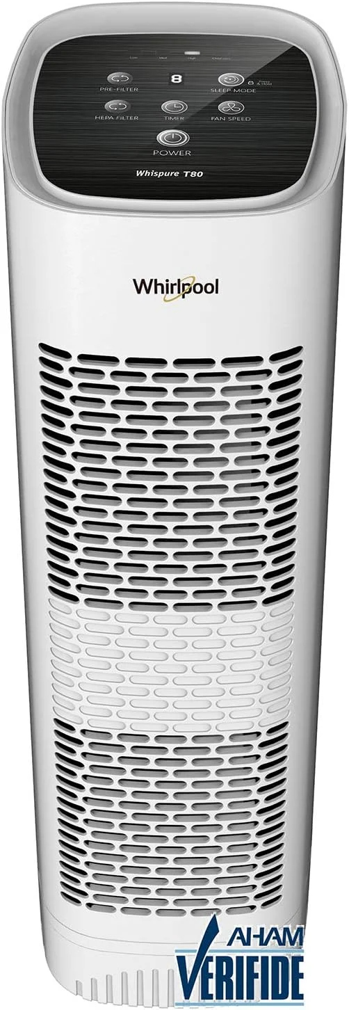 Whirlpool WPT80P Whispure True Hepa Air Purifier, Activated Carbon Advanced Anti-Bacteria, Ideal for Wildfire, Allergies, Odors, Pet Dander, Mold, Smoke and Germs, Large, White